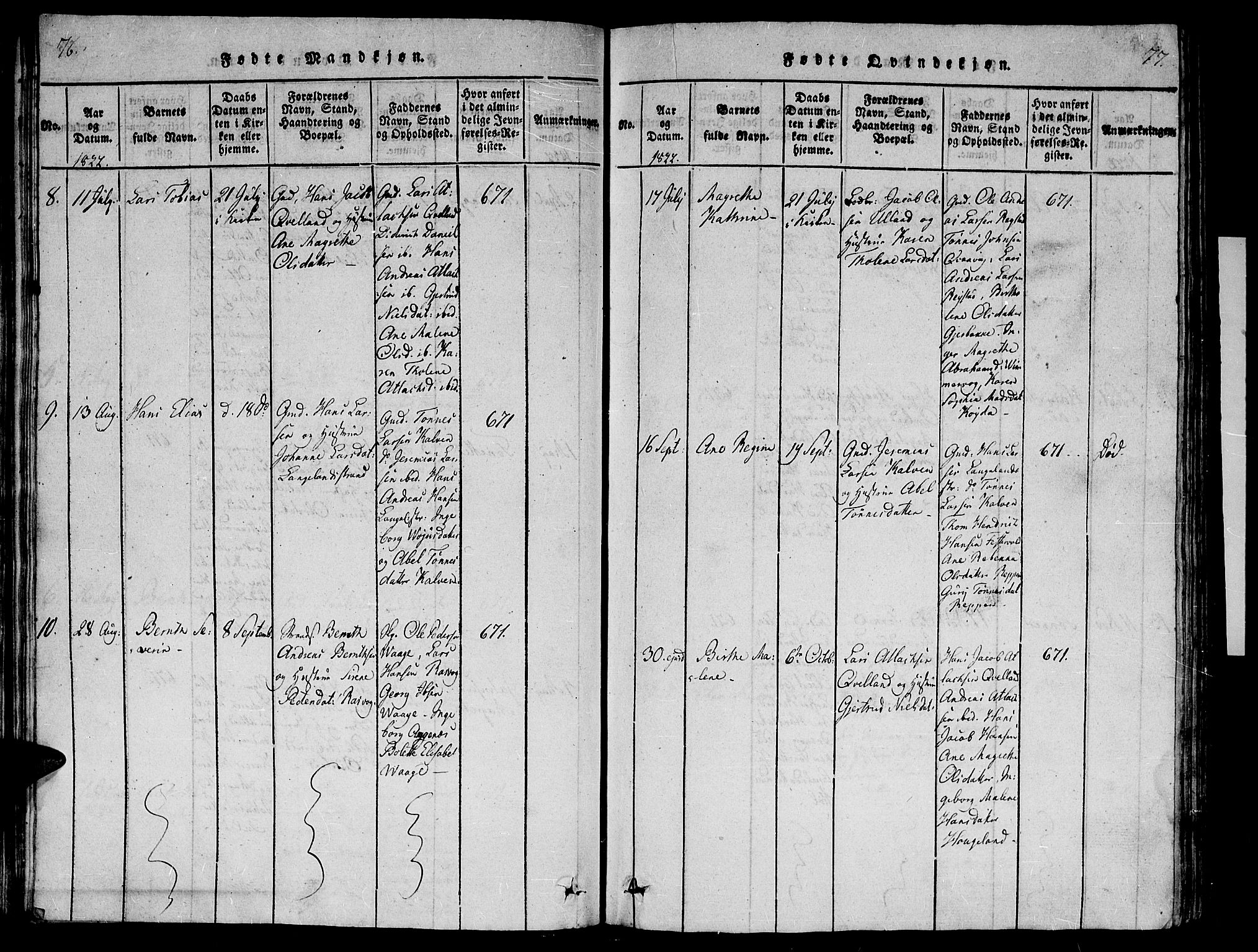 Flekkefjord sokneprestkontor, SAK/1111-0012/F/Fb/Fbb/L0001: Parish register (copy) no. B 1, 1815-1830, p. 76-77