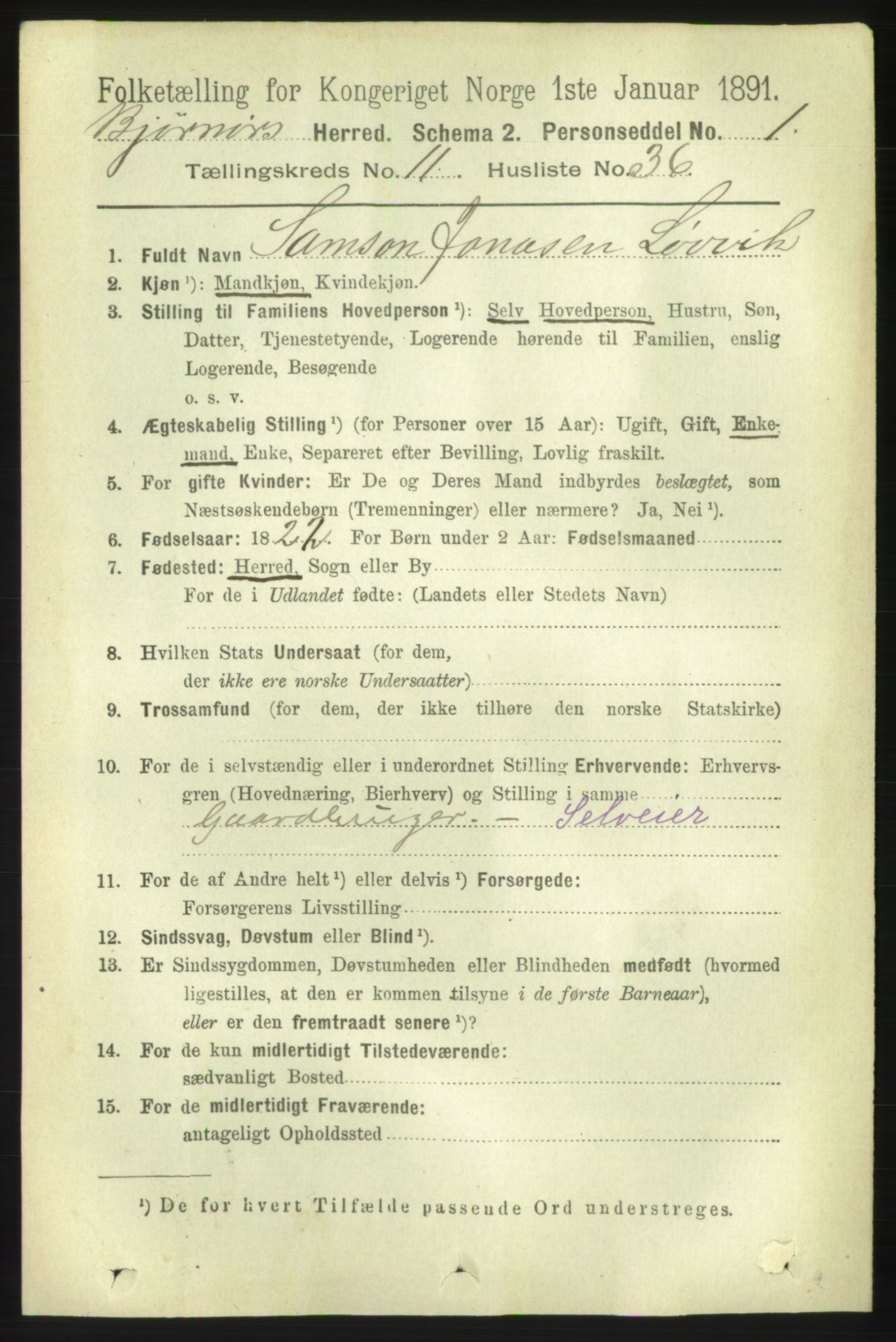 RA, 1891 census for 1632 Bjørnør, 1891, p. 4909