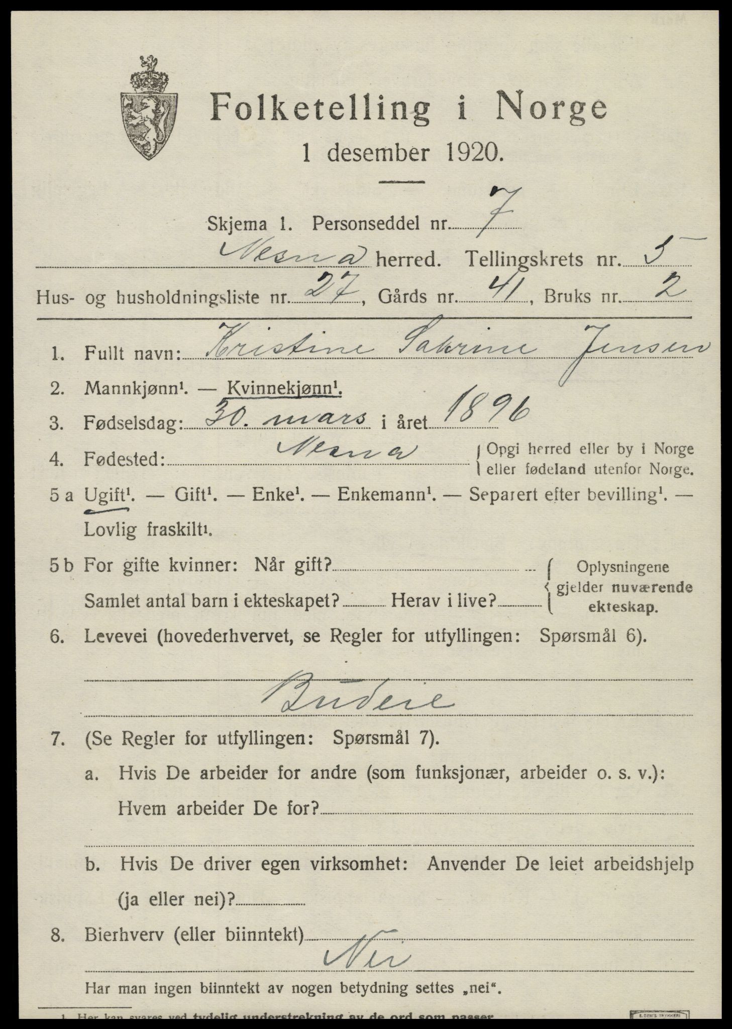 SAT, 1920 census for Nesna, 1920, p. 4291