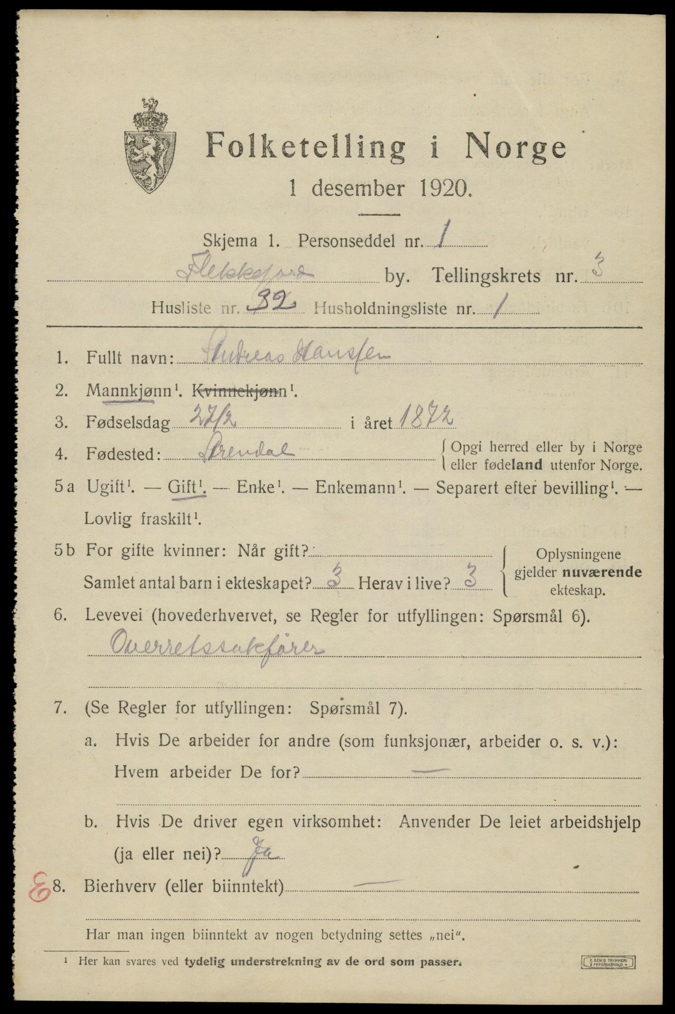 SAK, 1920 census for Flekkefjord, 1920, p. 3780