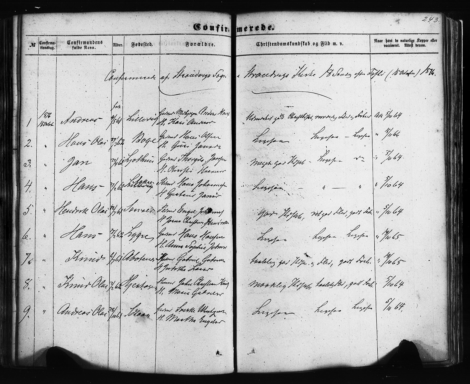 Fusa sokneprestembete, AV/SAB-A-75401/H/Haa: Parish register (official) no. A 1I, 1855-1879, p. 243