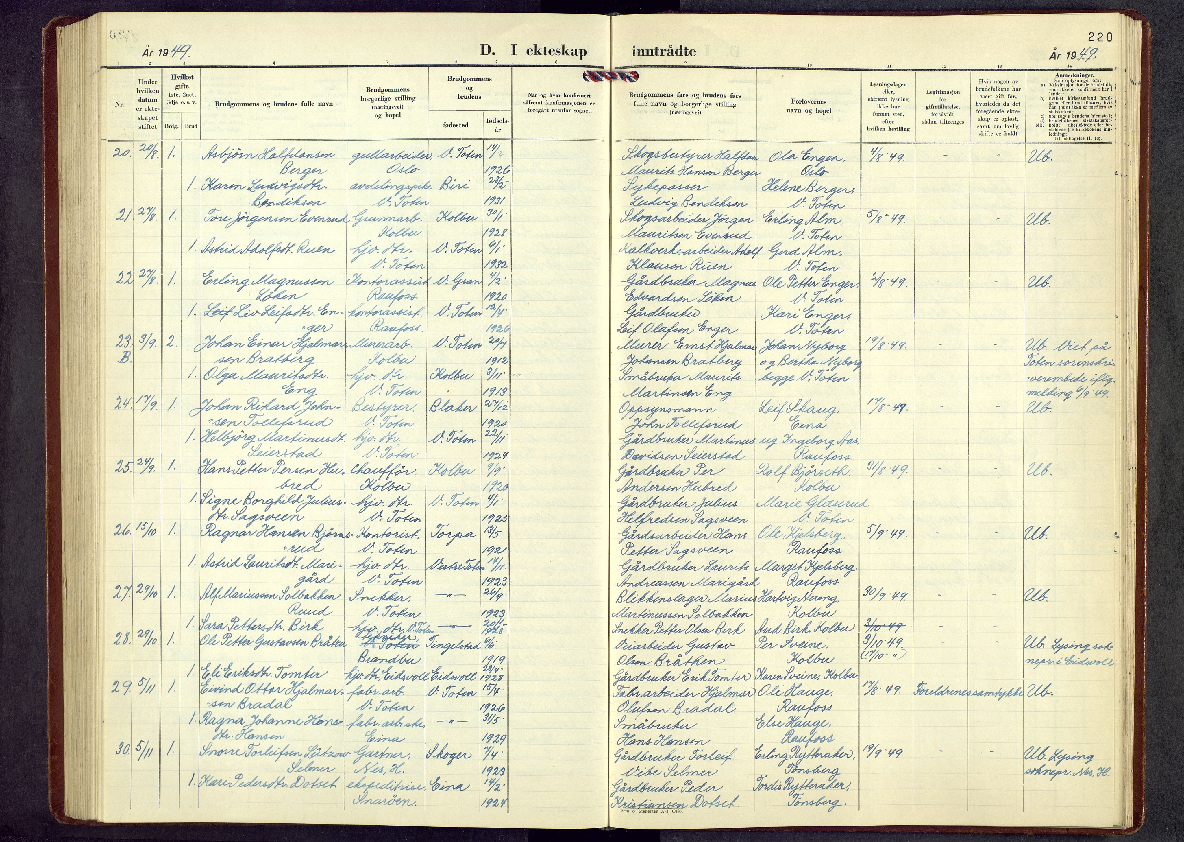 Vestre Toten prestekontor, AV/SAH-PREST-108/H/Ha/Hab/L0017: Parish register (copy) no. 17, 1947-1969, p. 220