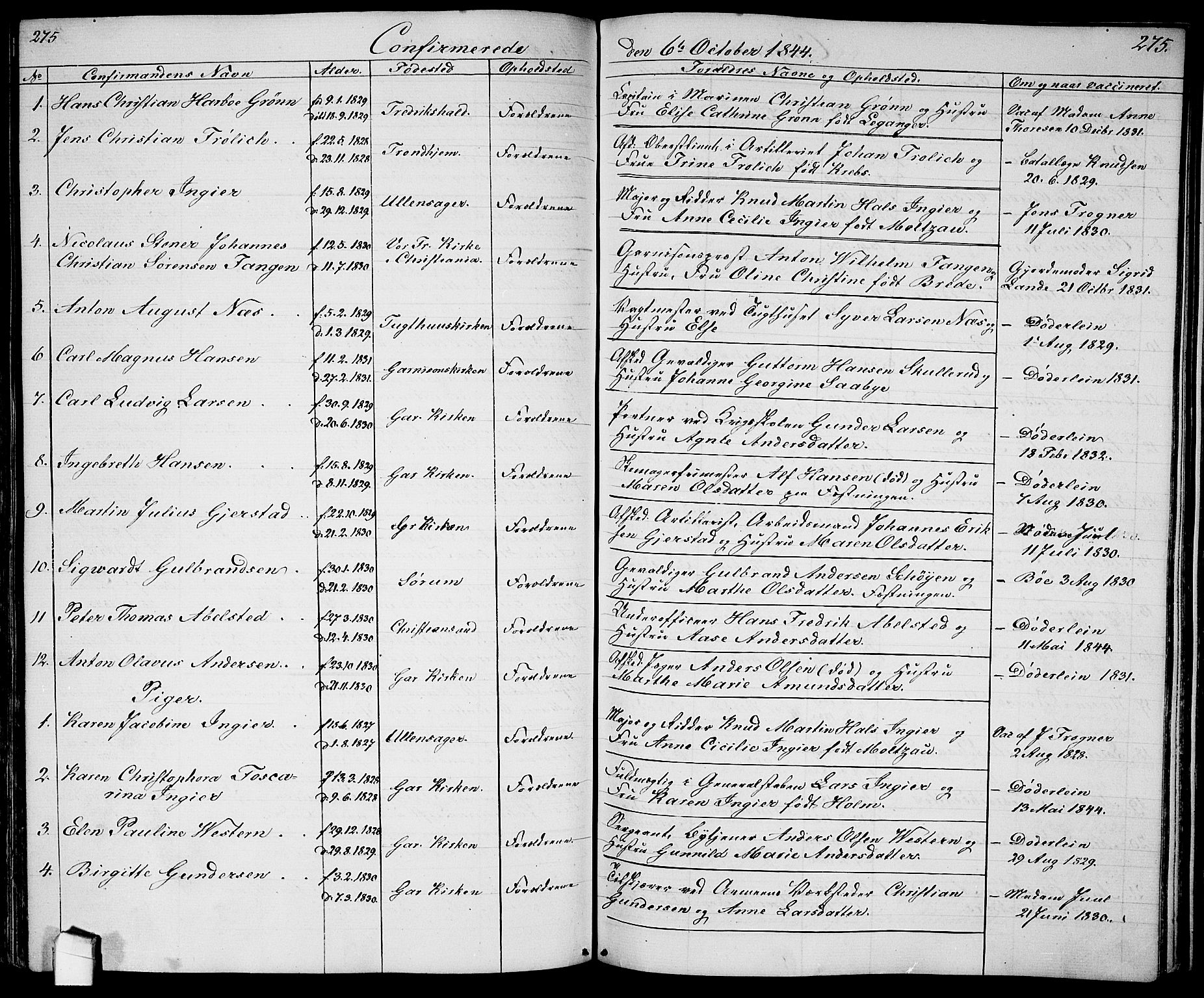 Garnisonsmenigheten Kirkebøker, AV/SAO-A-10846/G/Ga/L0005: Parish register (copy) no. 5, 1841-1860, p. 275