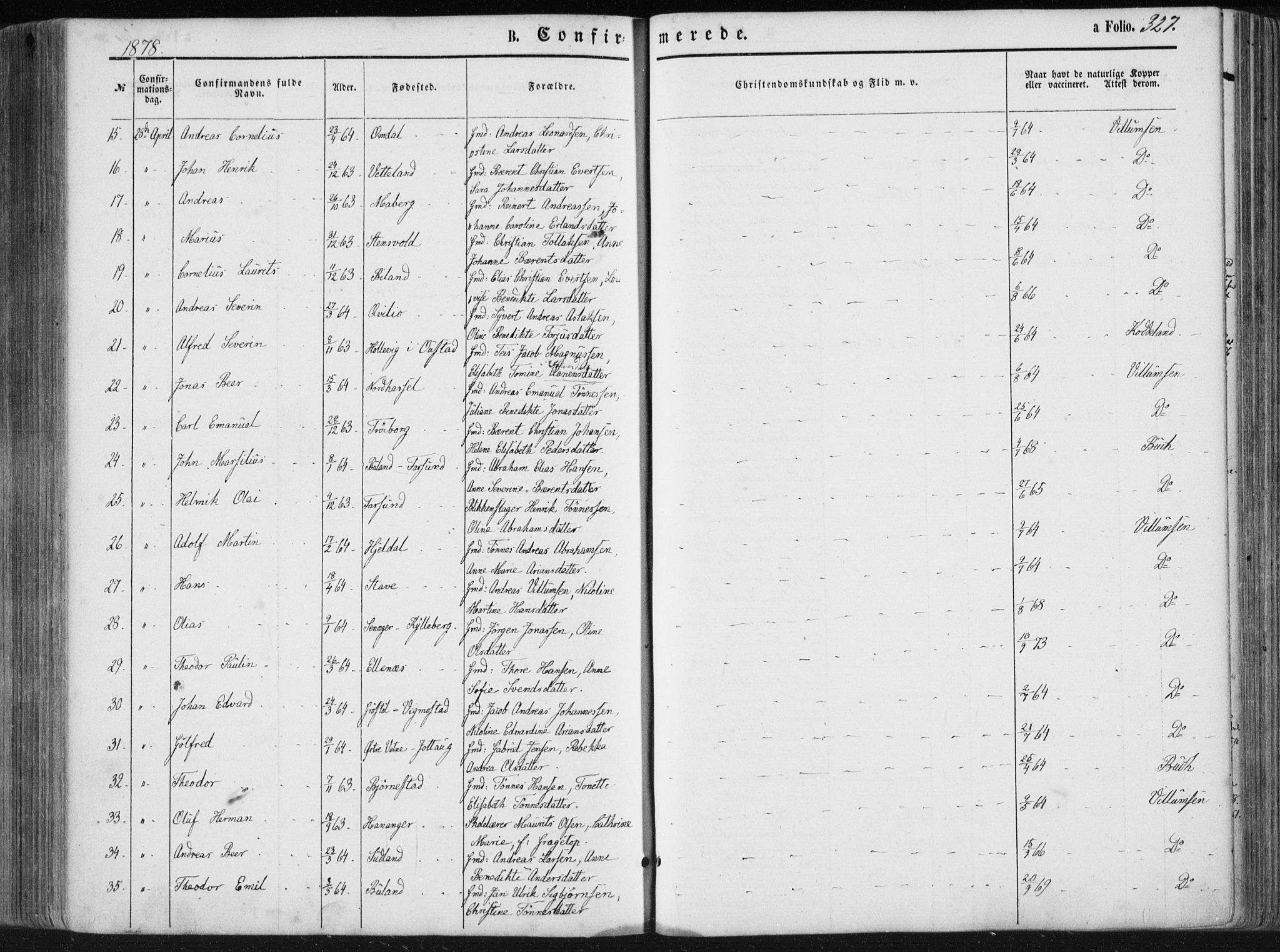 Lista sokneprestkontor, AV/SAK-1111-0027/F/Fa/L0011: Parish register (official) no. A 11, 1861-1878, p. 327