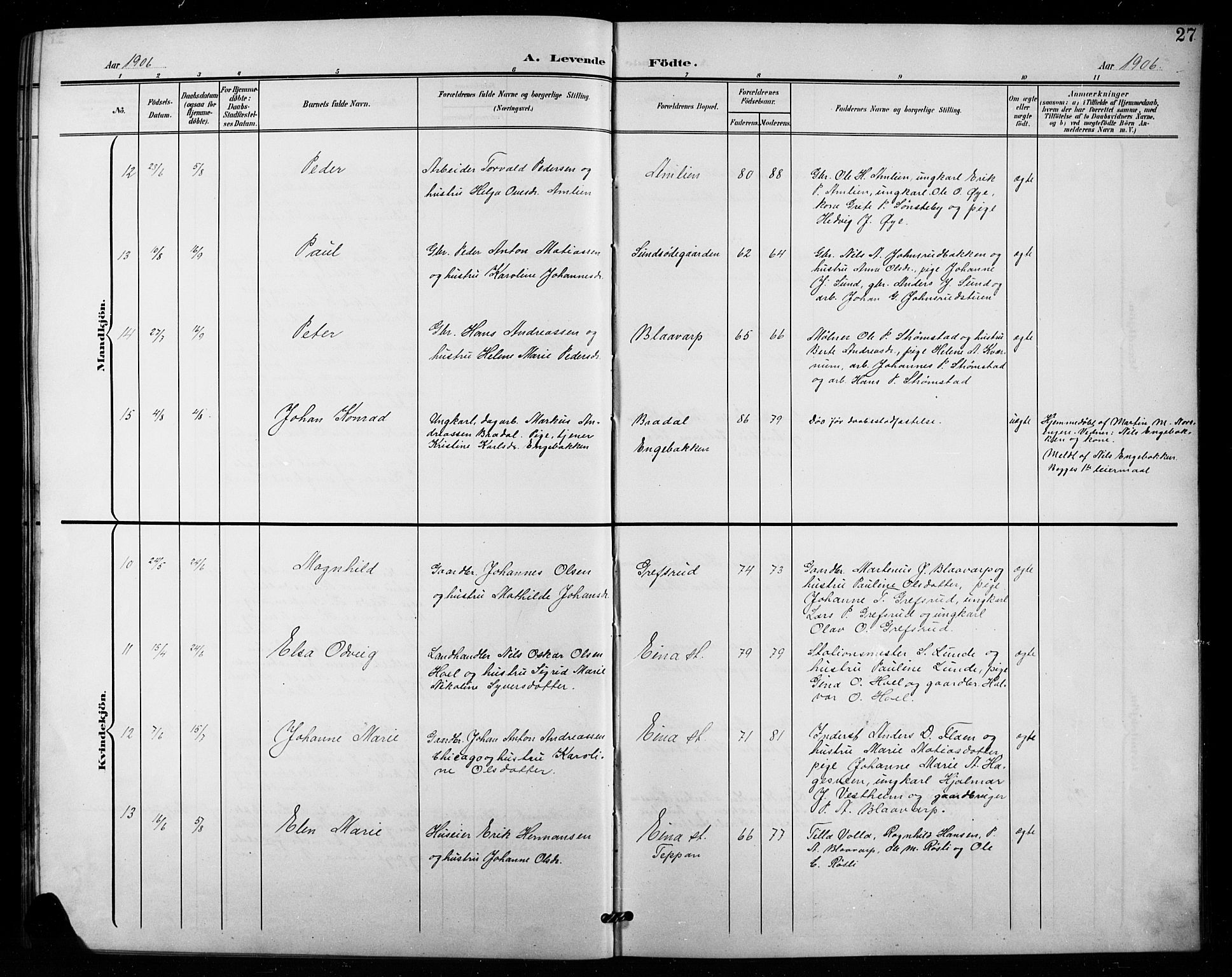 Vestre Toten prestekontor, AV/SAH-PREST-108/H/Ha/Hab/L0016: Parish register (copy) no. 16, 1901-1915, p. 27