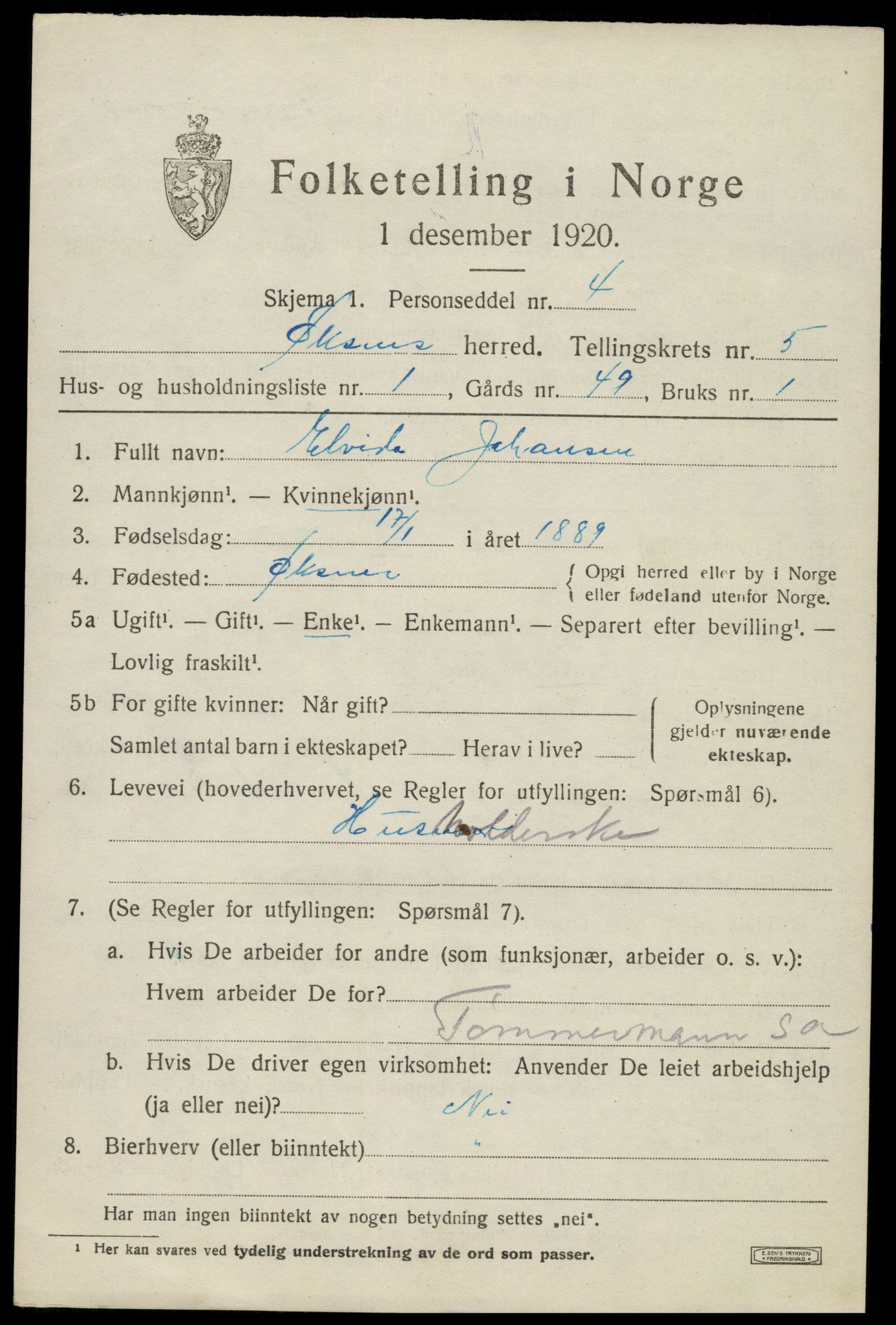 SAT, 1920 census for Øksnes, 1920, p. 3798