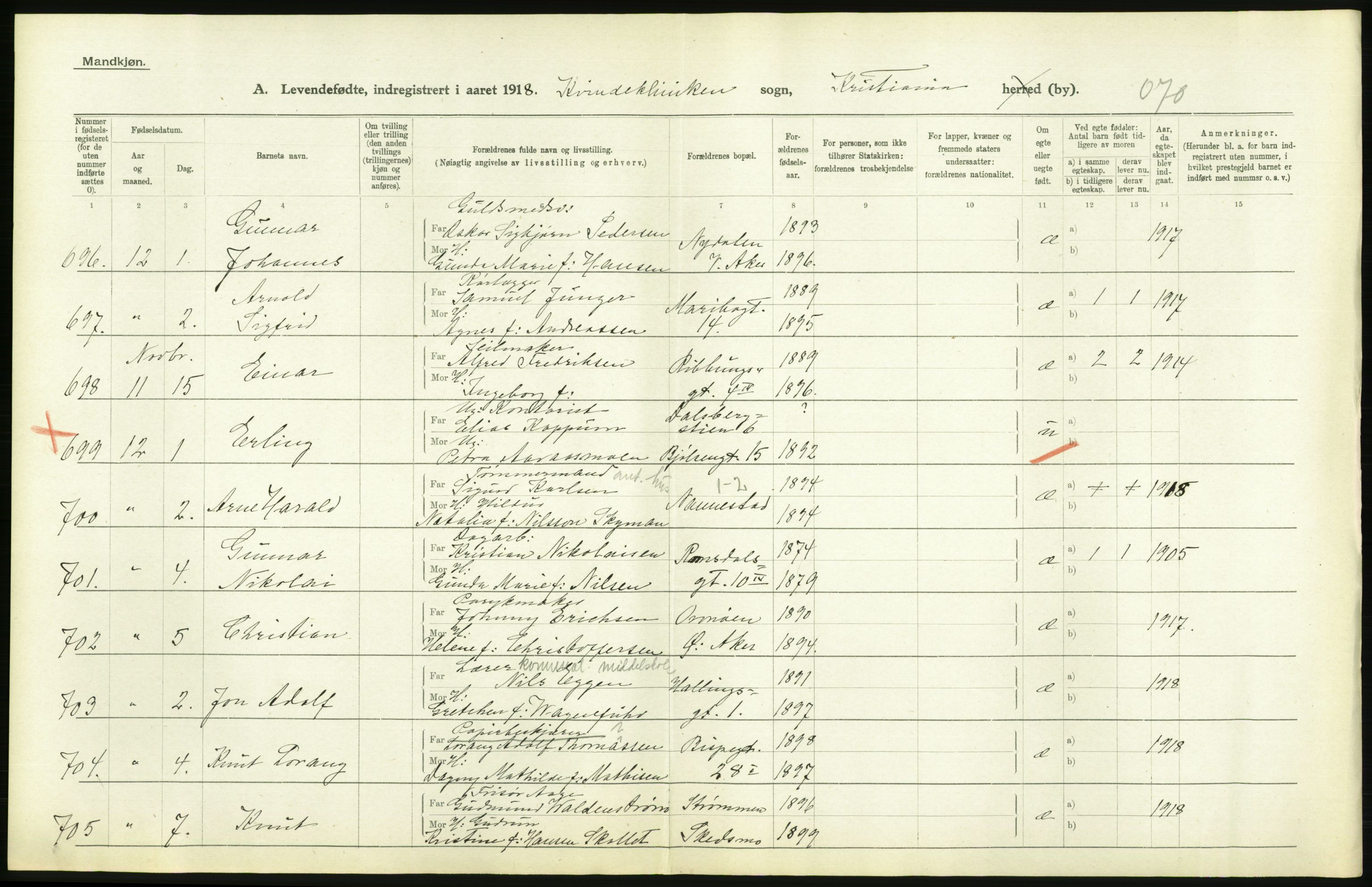 Statistisk sentralbyrå, Sosiodemografiske emner, Befolkning, AV/RA-S-2228/D/Df/Dfb/Dfbh/L0008: Kristiania: Levendefødte menn og kvinner., 1918, p. 540