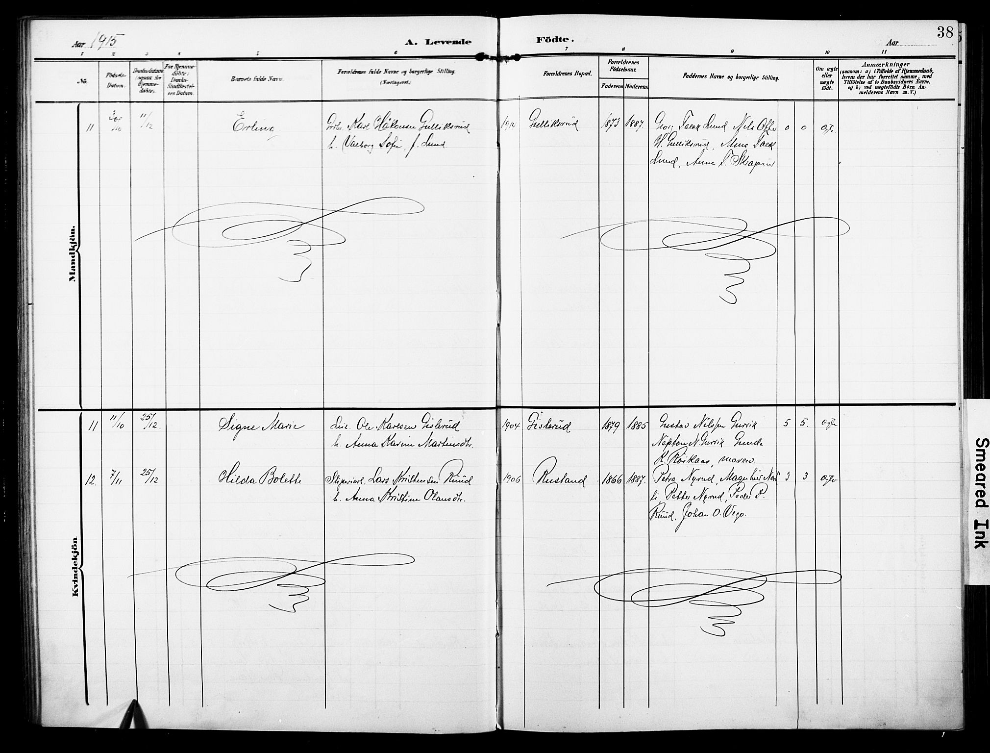 Fiskum kirkebøker, AV/SAKO-A-15/F/Fa/L0004: Parish register (official) no. 4, 1906-1924, p. 38
