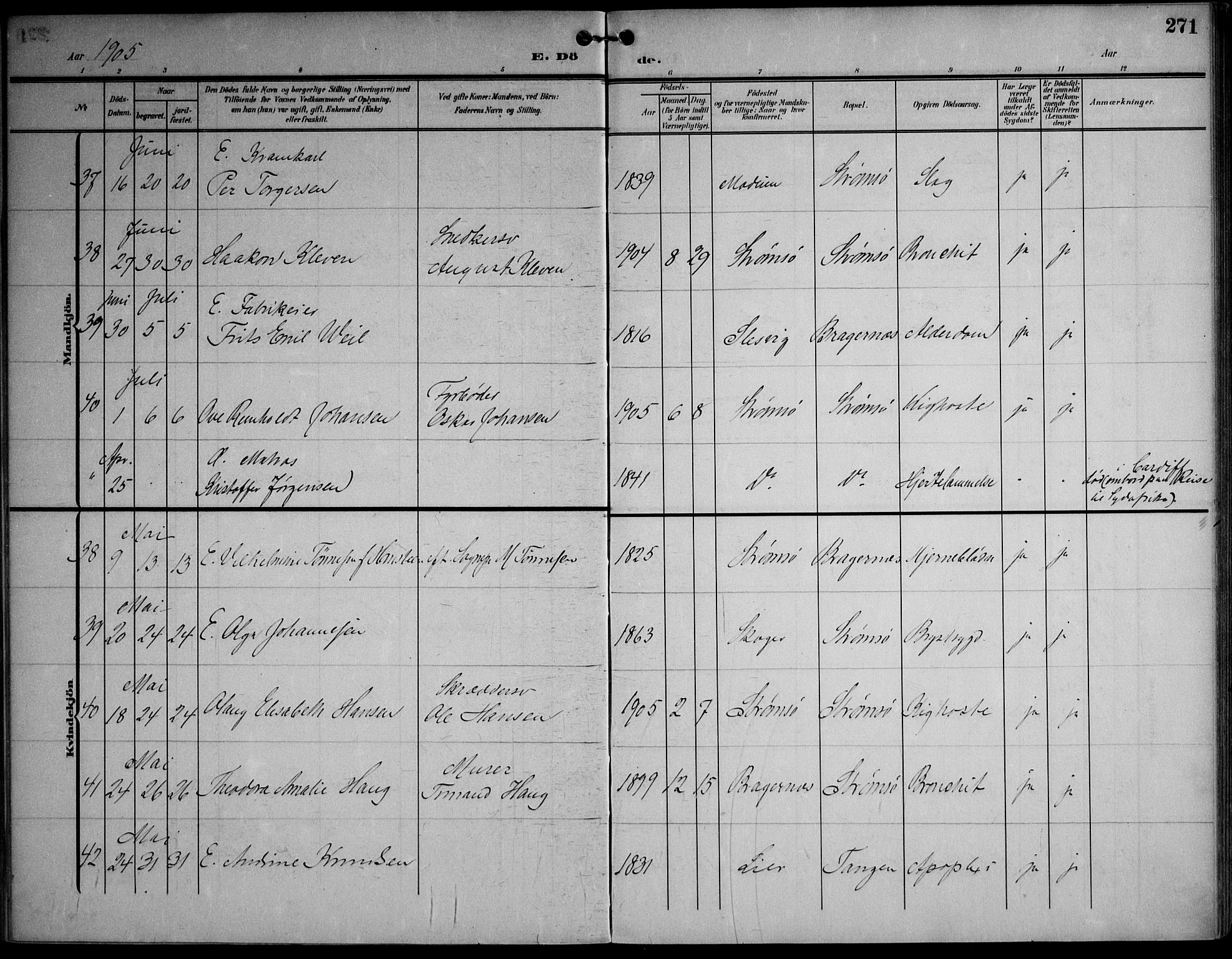 Strømsø kirkebøker, AV/SAKO-A-246/F/Fa/L0026: Parish register (official) no. I 26, 1905-1914, p. 271