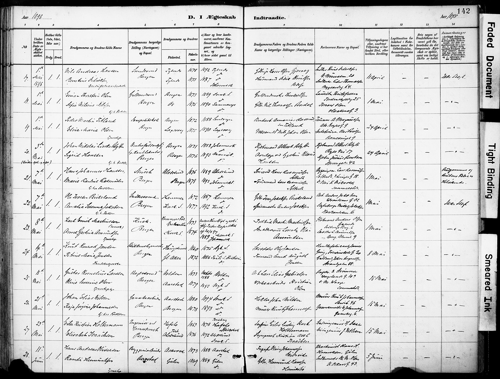 Domkirken sokneprestembete, SAB/A-74801/H/Haa/L0037: Parish register (official) no. D 4, 1880-1907, p. 142