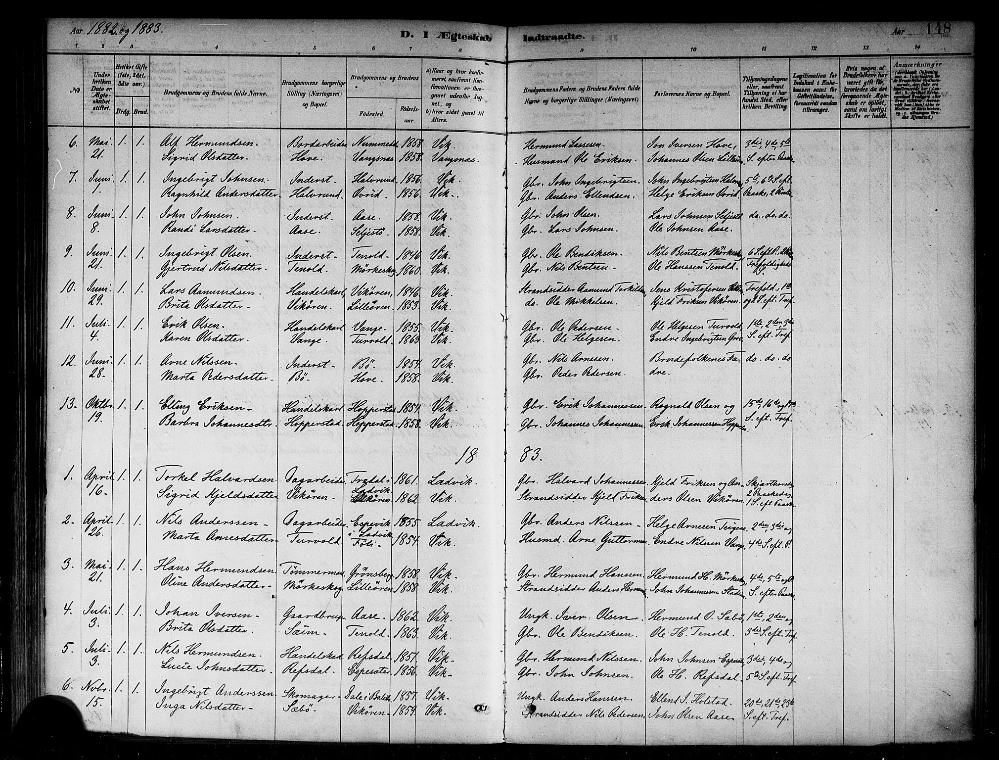 Vik sokneprestembete, SAB/A-81501: Parish register (official) no. B 1, 1878-1890, p. 148