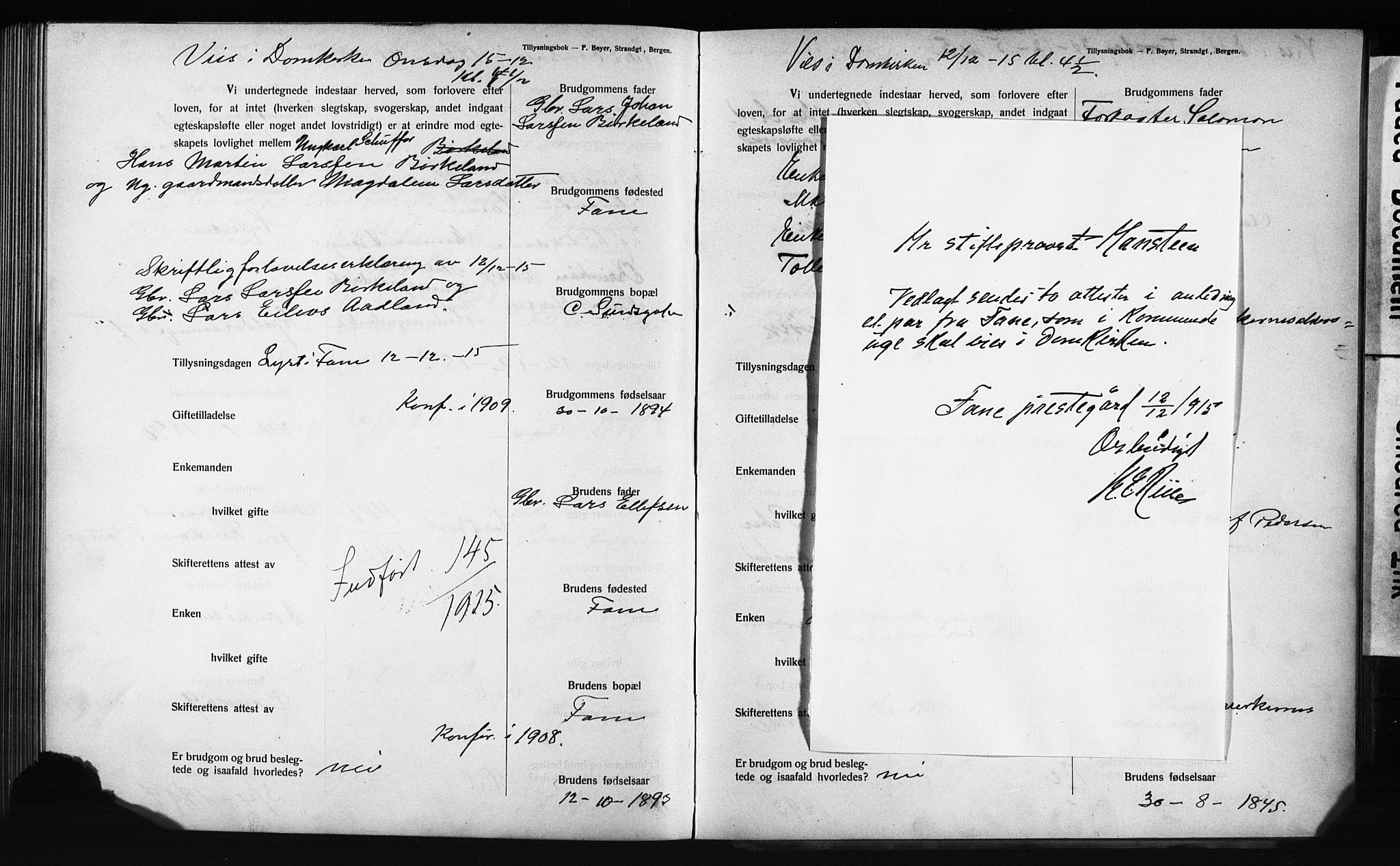 Domkirken sokneprestembete, SAB/A-74801: Best man's statements no. II.5.12, 1910-1917, p. 323