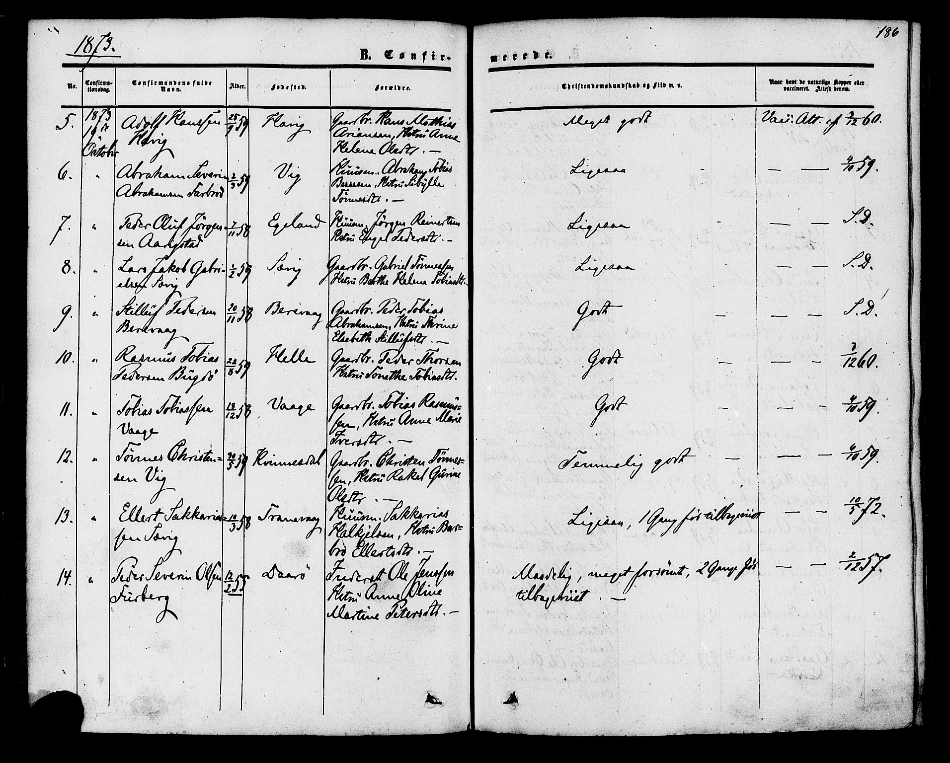 Herad sokneprestkontor, AV/SAK-1111-0018/F/Fa/Fab/L0004: Parish register (official) no. A 4, 1853-1885, p. 186