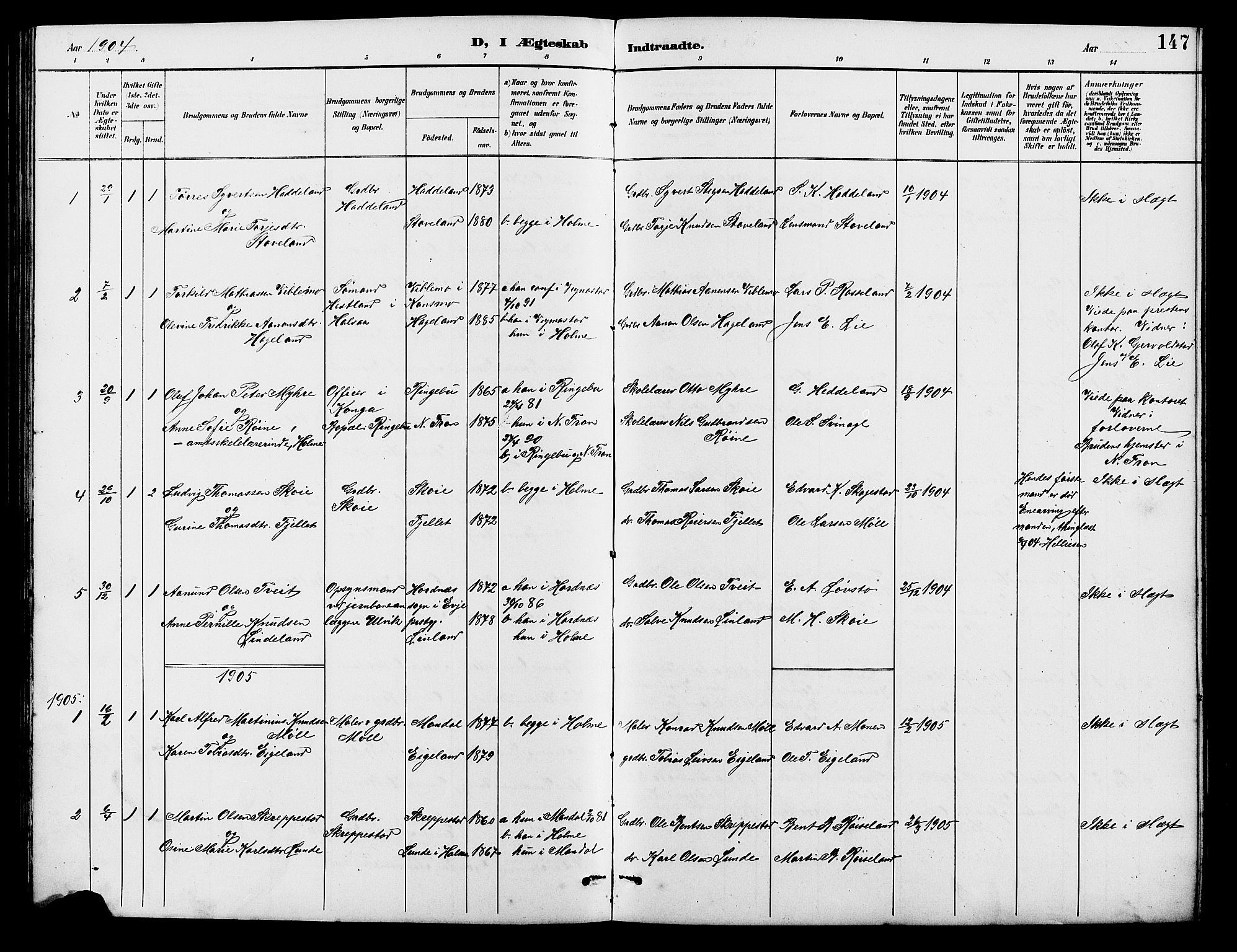 Holum sokneprestkontor, SAK/1111-0022/F/Fb/Fba/L0005: Parish register (copy) no. B 5, 1891-1909, p. 147