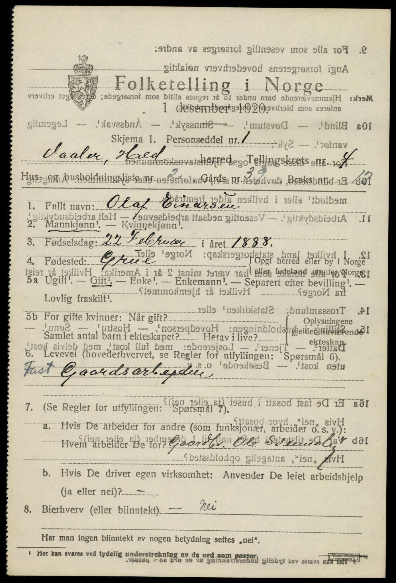 SAH, 1920 census for Våler (Hedmark), 1920, p. 4451