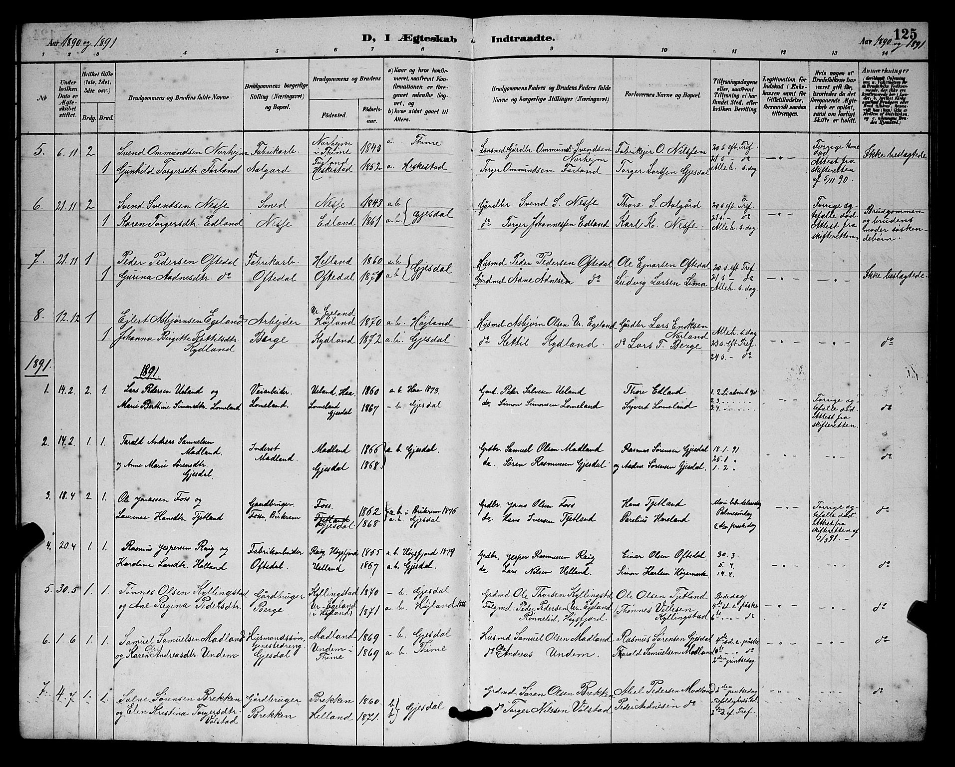 Lye sokneprestkontor, SAST/A-101794/001/30BB/L0008: Parish register (copy) no. B 7, 1887-1901, p. 125