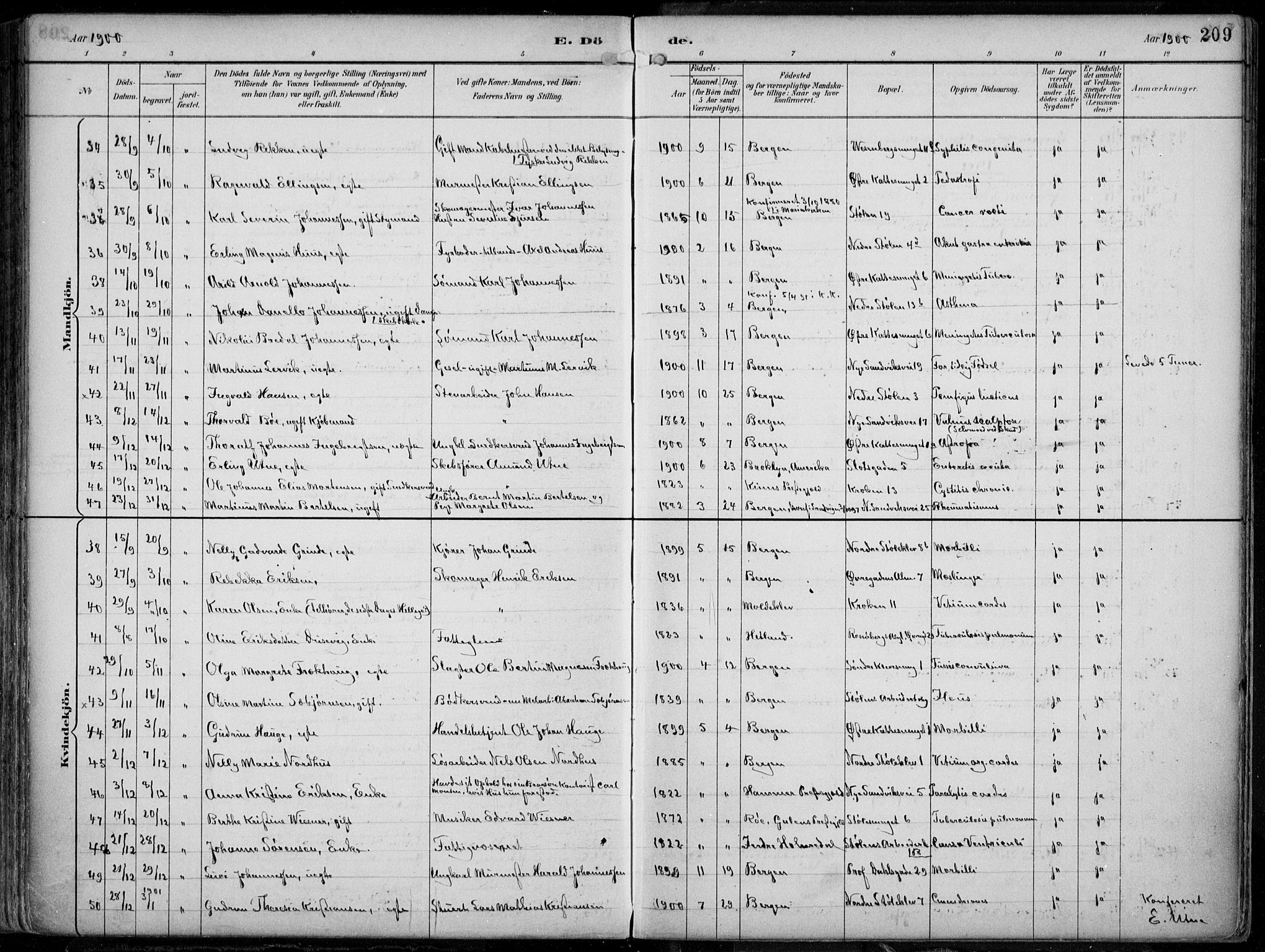 Mariakirken Sokneprestembete, AV/SAB-A-76901/H/Hab/L0005: Parish register (copy) no. A 5, 1893-1913, p. 209