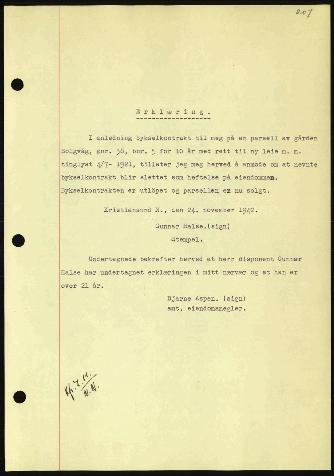 Nordmøre sorenskriveri, AV/SAT-A-4132/1/2/2Ca: Mortgage book no. B90, 1942-1943, Diary no: : 3137/1942