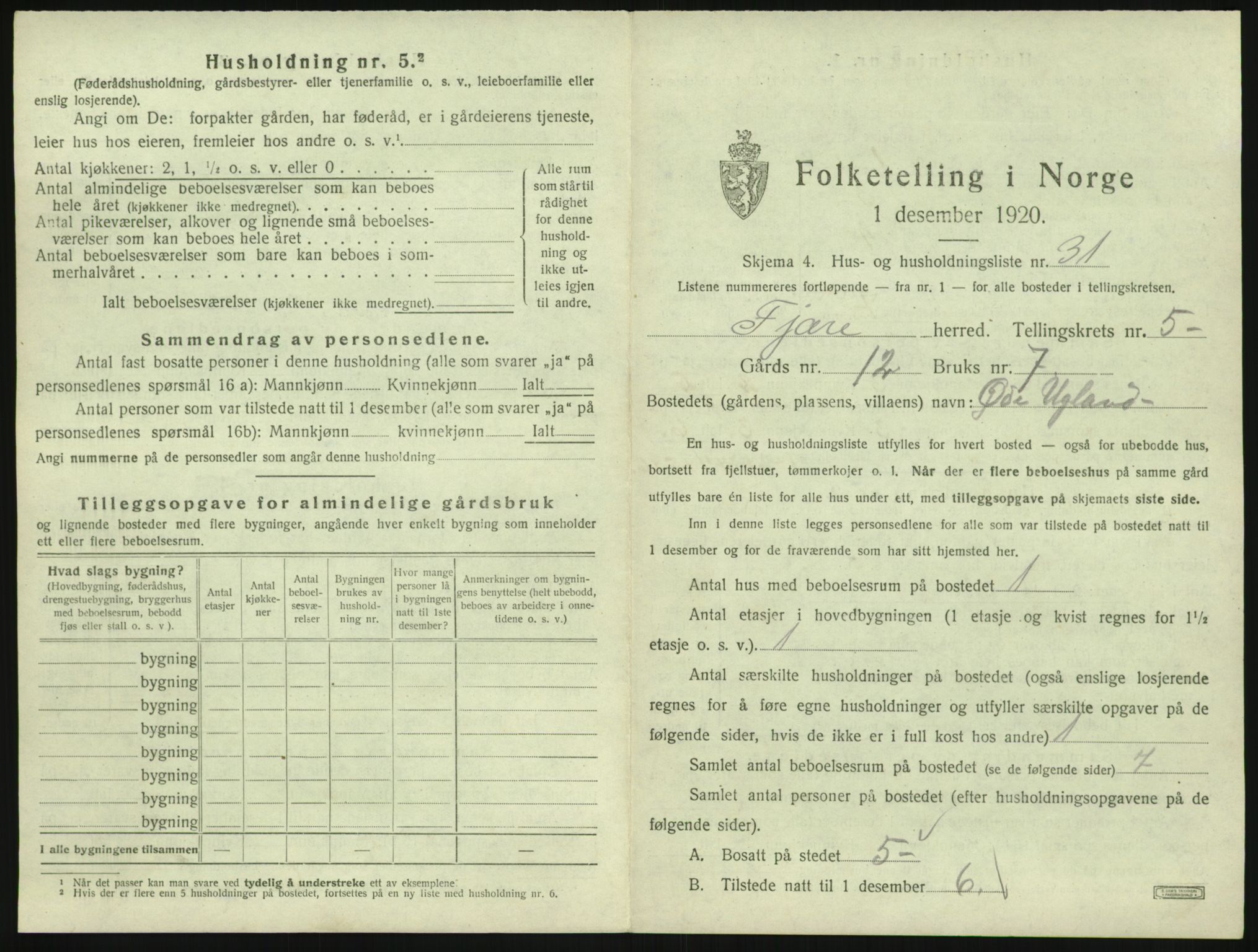 SAK, 1920 census for Fjære, 1920, p. 1073