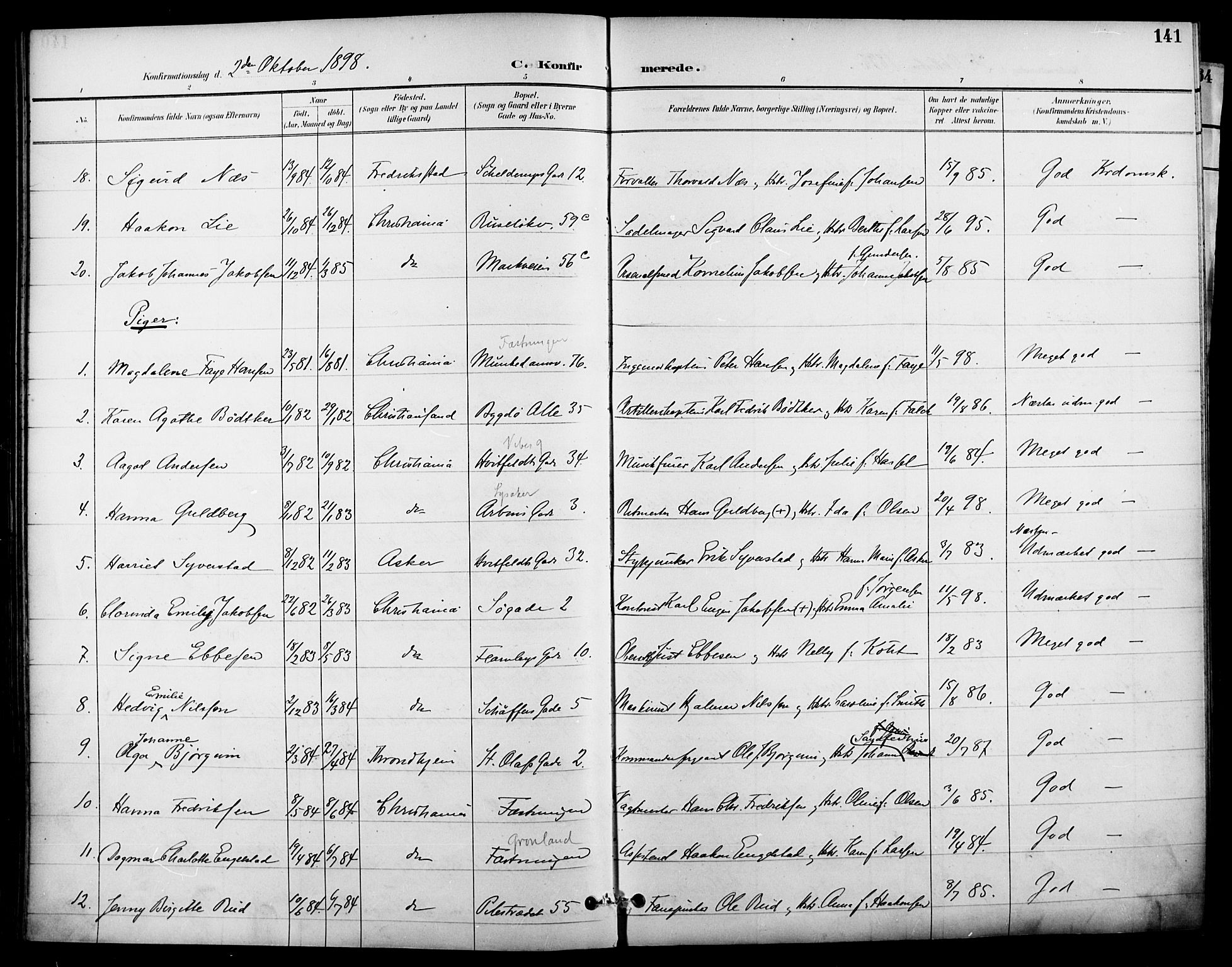 Garnisonsmenigheten Kirkebøker, SAO/A-10846/F/Fa/L0013: Parish register (official) no. 13, 1894-1904, p. 141
