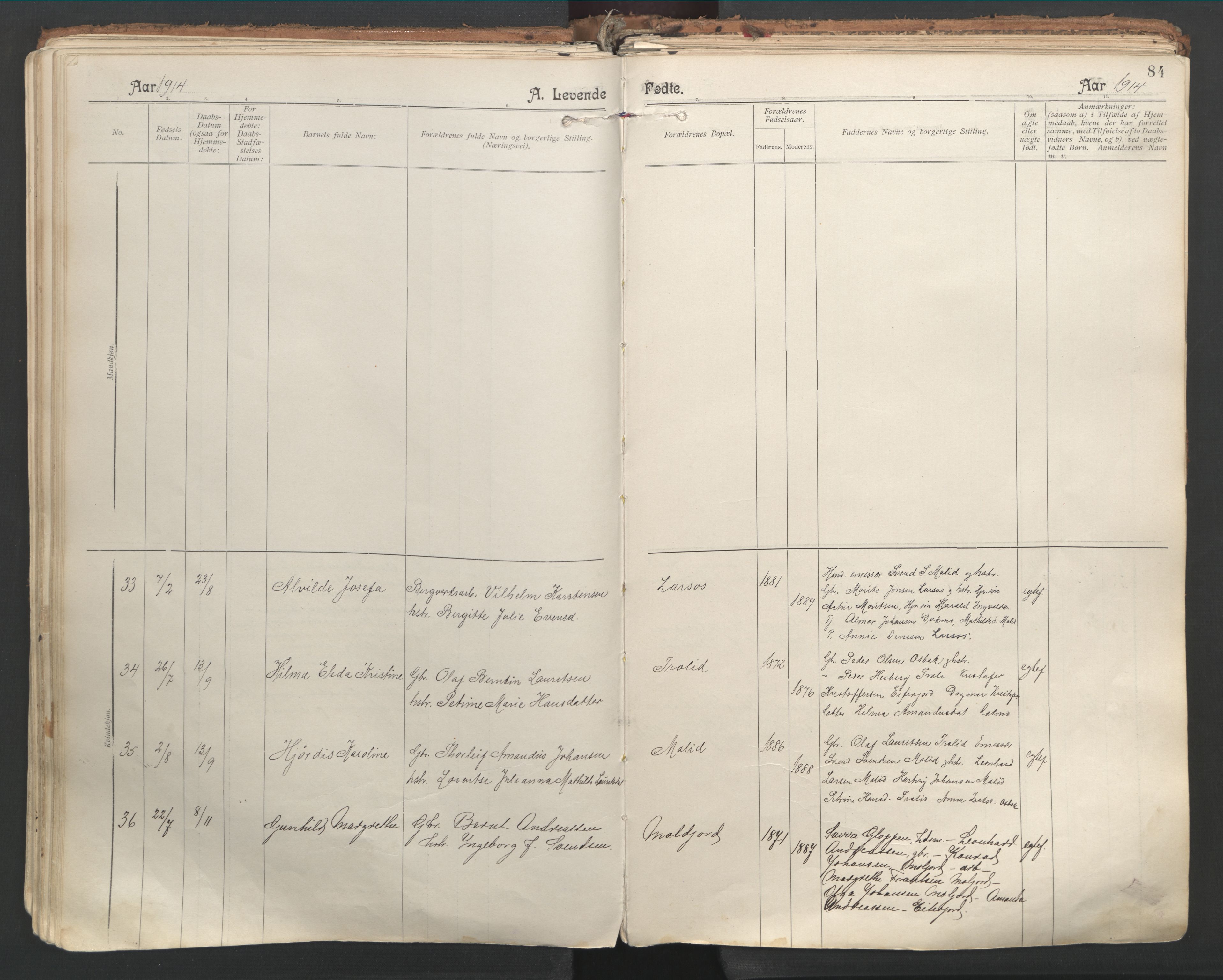 Ministerialprotokoller, klokkerbøker og fødselsregistre - Nordland, SAT/A-1459/846/L0647: Parish register (official) no. 846A05, 1902-1915, p. 84