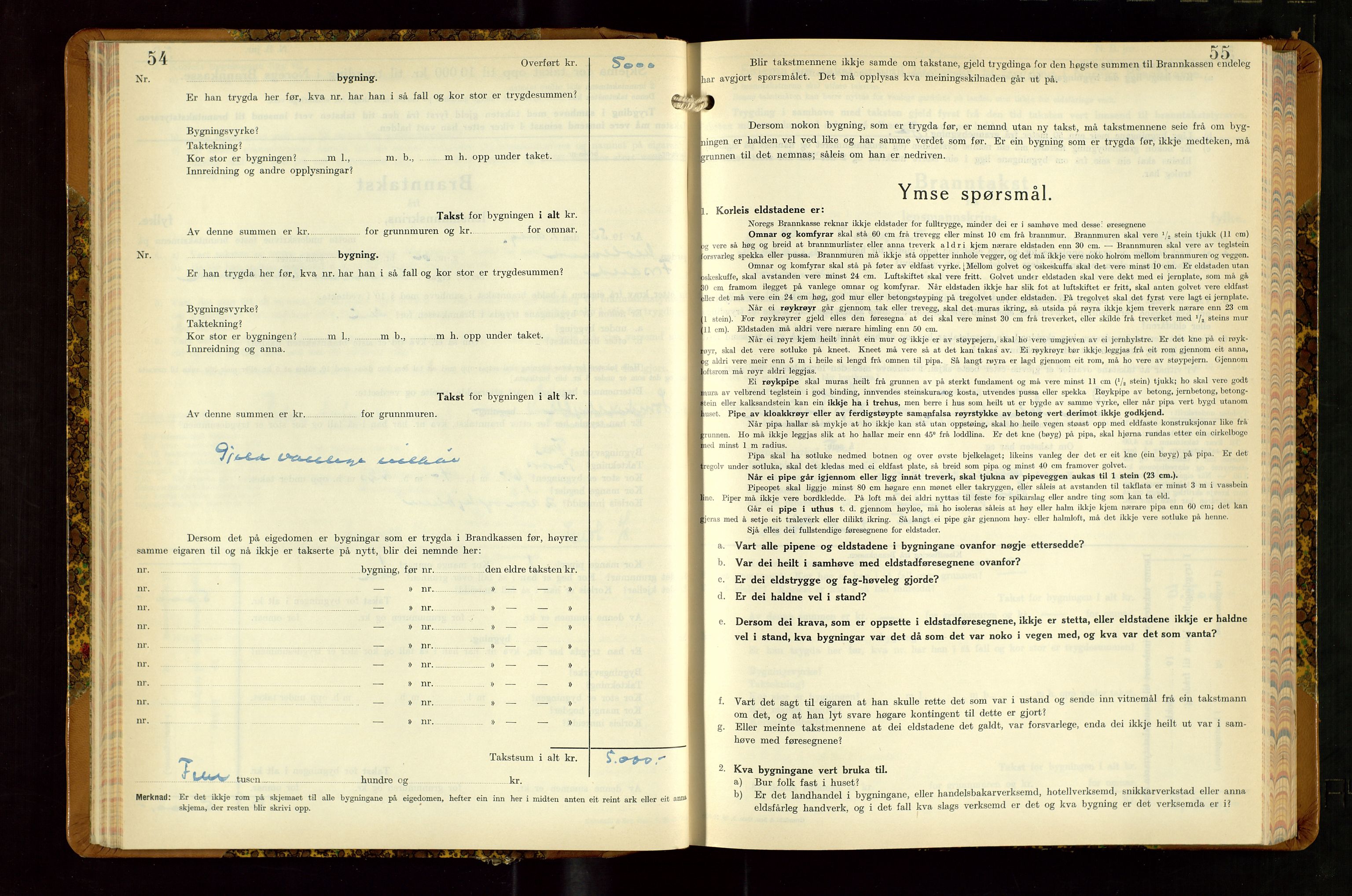 Høle og Forsand lensmannskontor, AV/SAST-A-100127/Gob/L0002: "Branntakstbok" - skjematakst, 1941-1955, p. 54-55
