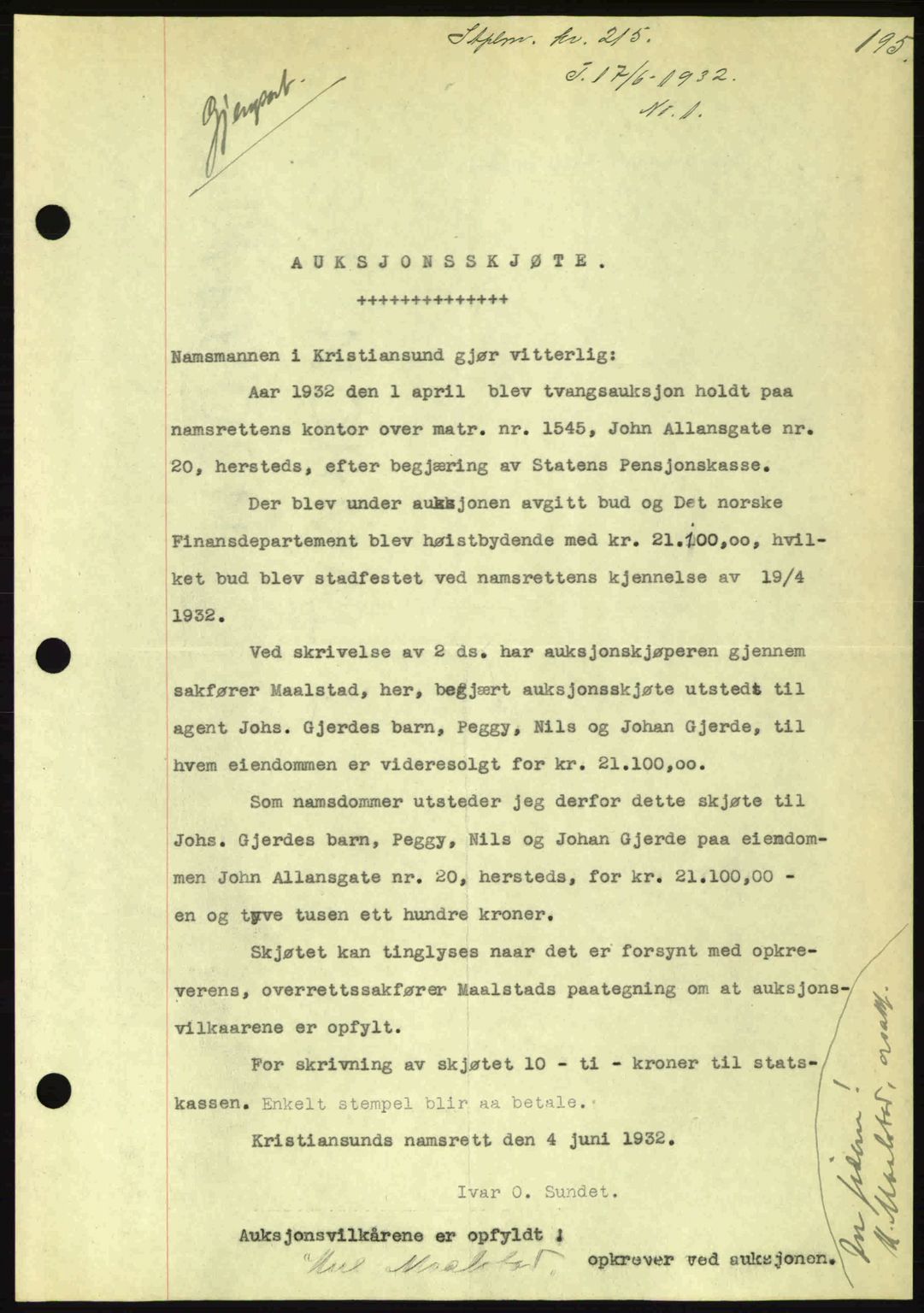 Kristiansund byfogd, AV/SAT-A-4587/A/27: Mortgage book no. 26, 1931-1933, Deed date: 17.06.1932