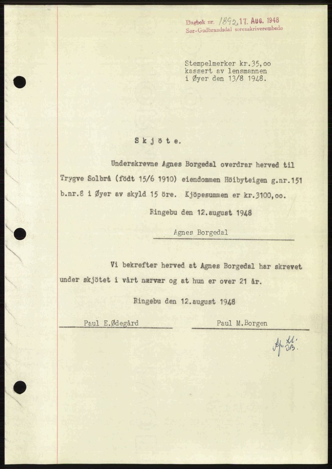 Sør-Gudbrandsdal tingrett, SAH/TING-004/H/Hb/Hbd/L0022: Mortgage book no. A22, 1948-1948, Diary no: : 1892/1948