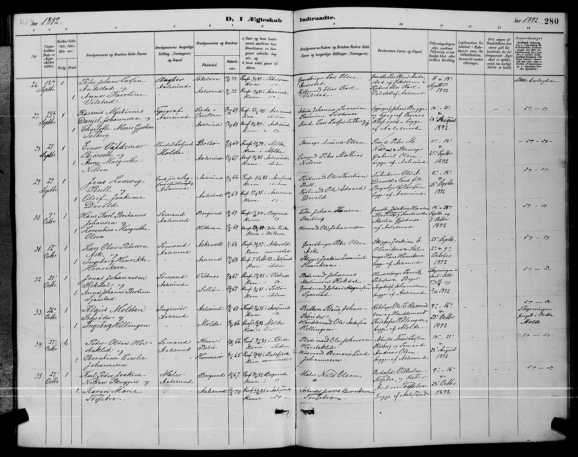 Ministerialprotokoller, klokkerbøker og fødselsregistre - Møre og Romsdal, AV/SAT-A-1454/529/L0467: Parish register (copy) no. 529C04, 1889-1897, p. 280