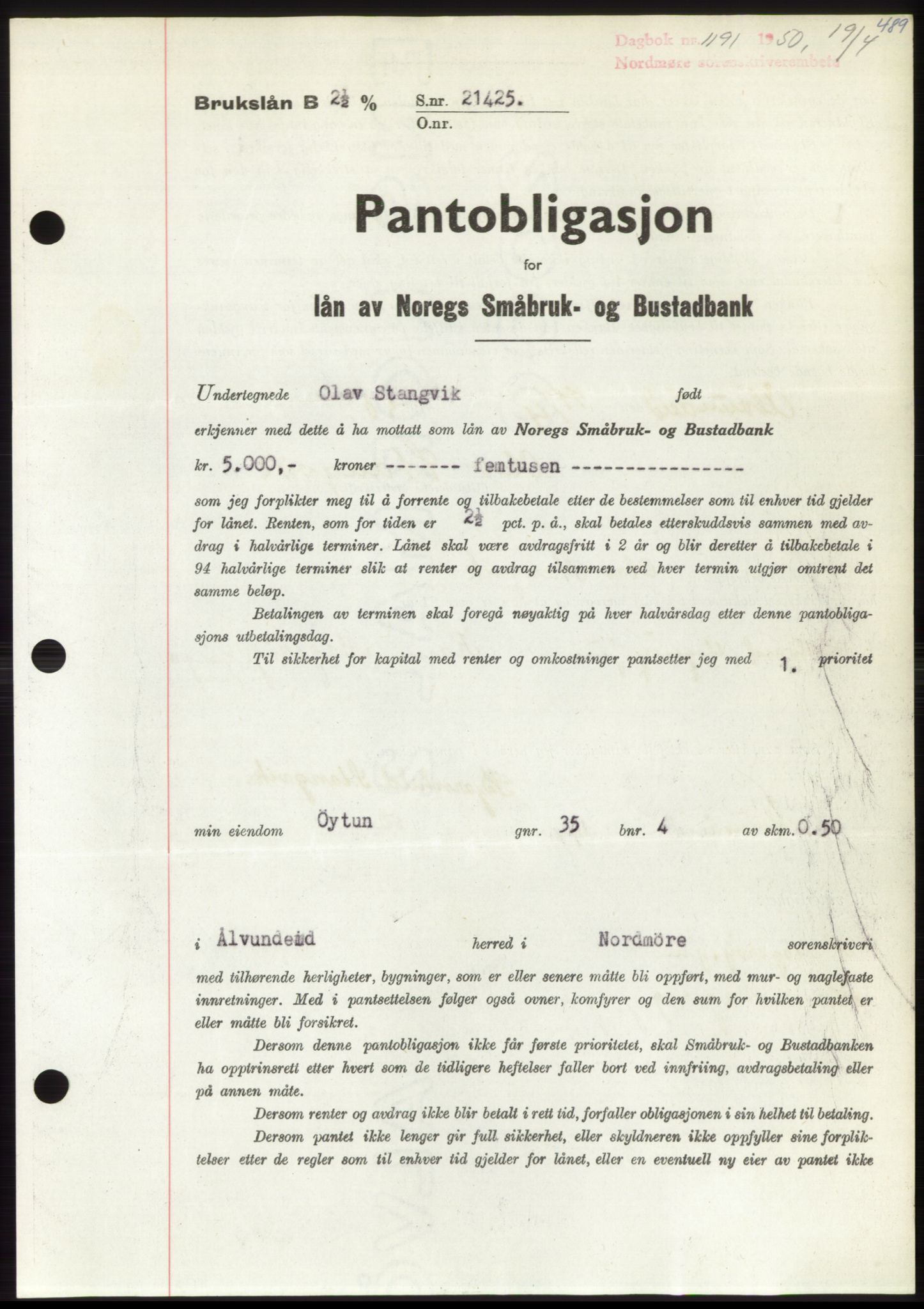 Nordmøre sorenskriveri, AV/SAT-A-4132/1/2/2Ca: Mortgage book no. B104, 1950-1950, Diary no: : 1191/1950