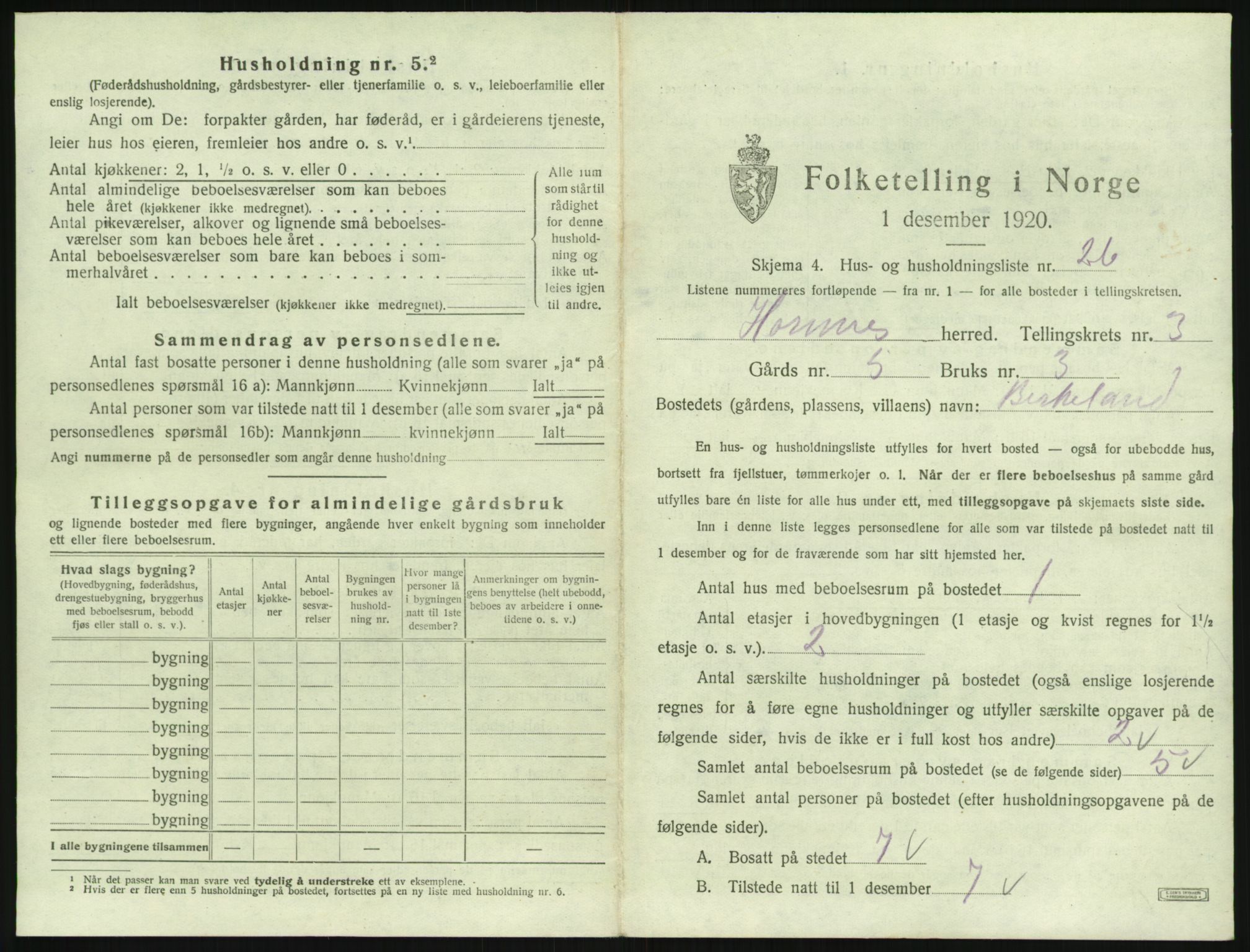 SAK, 1920 census for Hornnes, 1920, p. 167