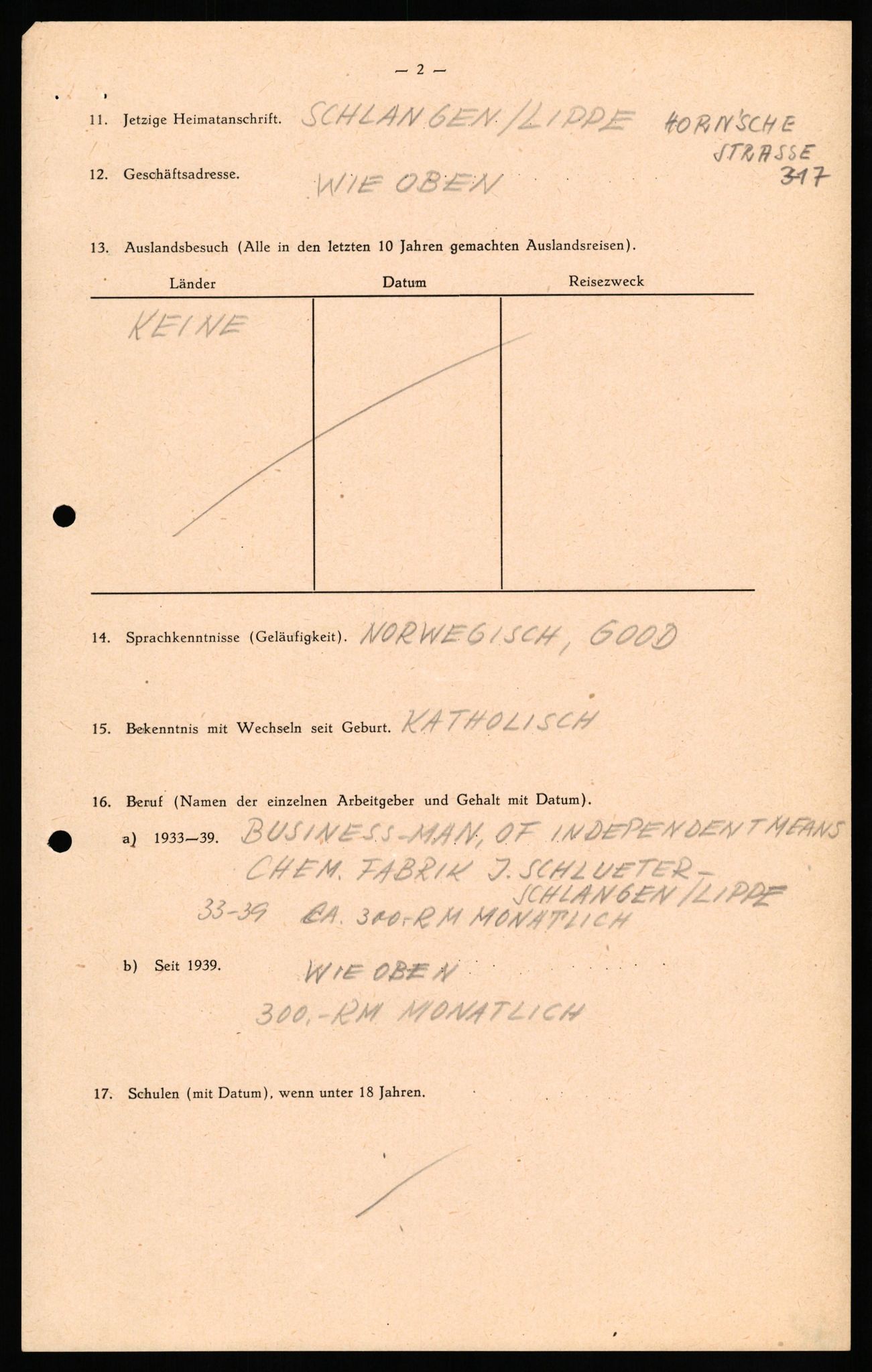 Forsvaret, Forsvarets overkommando II, RA/RAFA-3915/D/Db/L0029: CI Questionaires. Tyske okkupasjonsstyrker i Norge. Tyskere., 1945-1946, p. 296