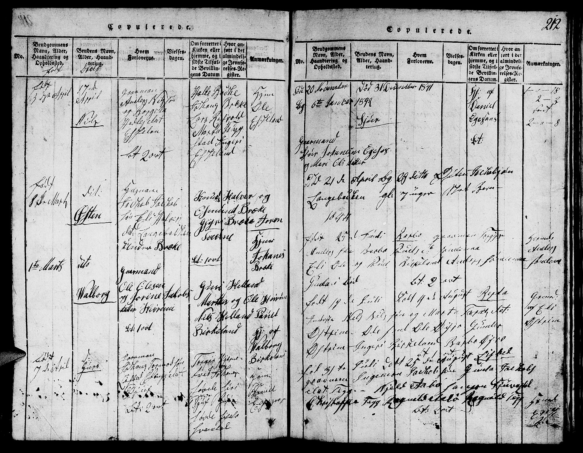 Suldal sokneprestkontor, SAST/A-101845/01/V/L0002: Parish register (copy) no. B 2, 1816-1845, p. 212