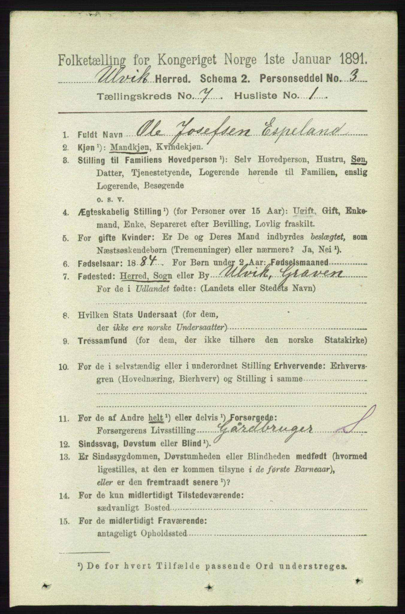 RA, 1891 census for 1233 Ulvik, 1891, p. 2272