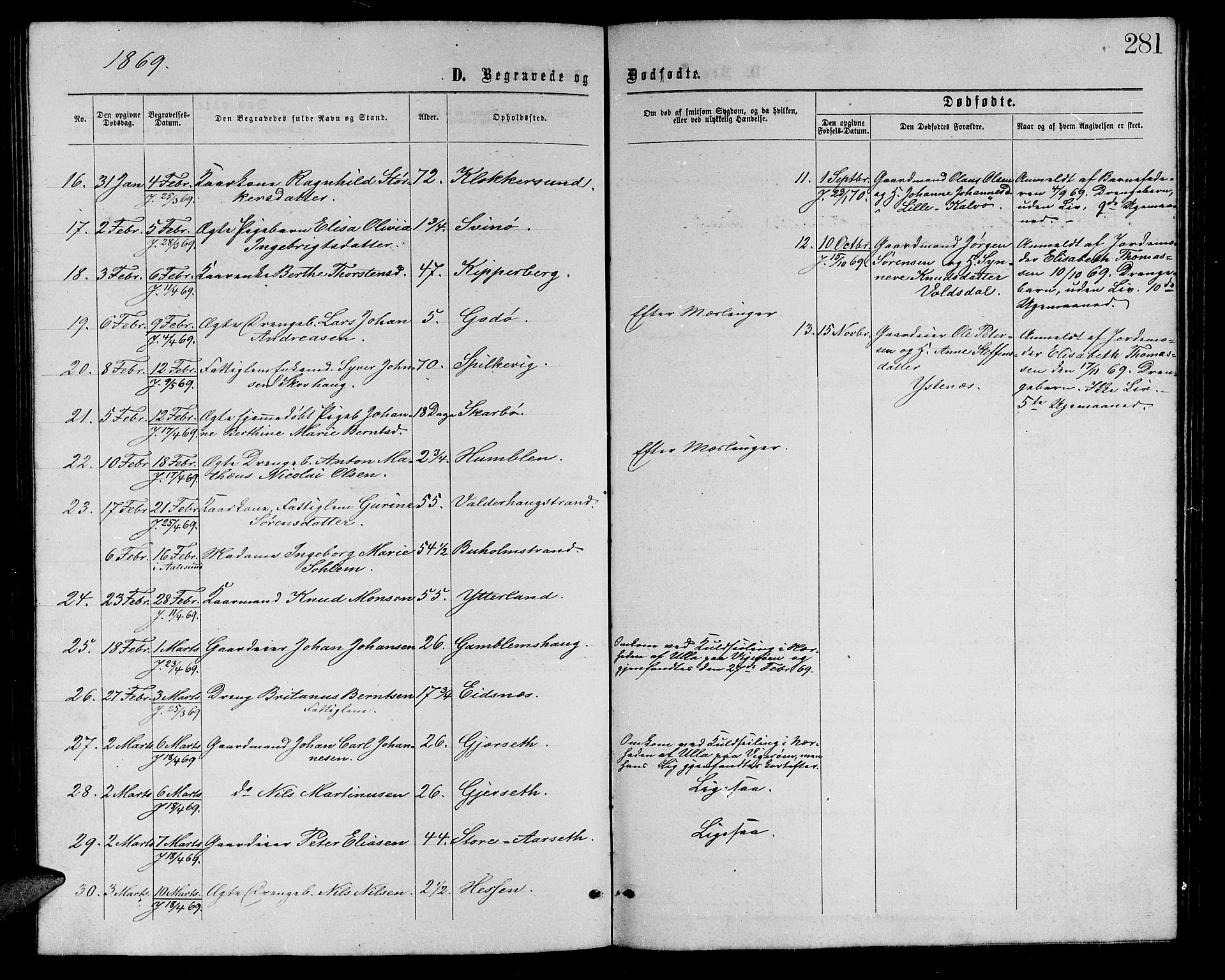 Ministerialprotokoller, klokkerbøker og fødselsregistre - Møre og Romsdal, AV/SAT-A-1454/528/L0428: Parish register (copy) no. 528C09, 1864-1880, p. 281