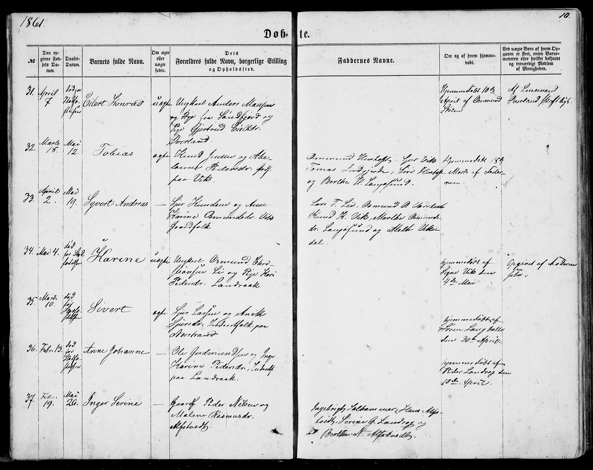 Nedstrand sokneprestkontor, AV/SAST-A-101841/01/IV: Parish register (official) no. A 9, 1861-1876, p. 10