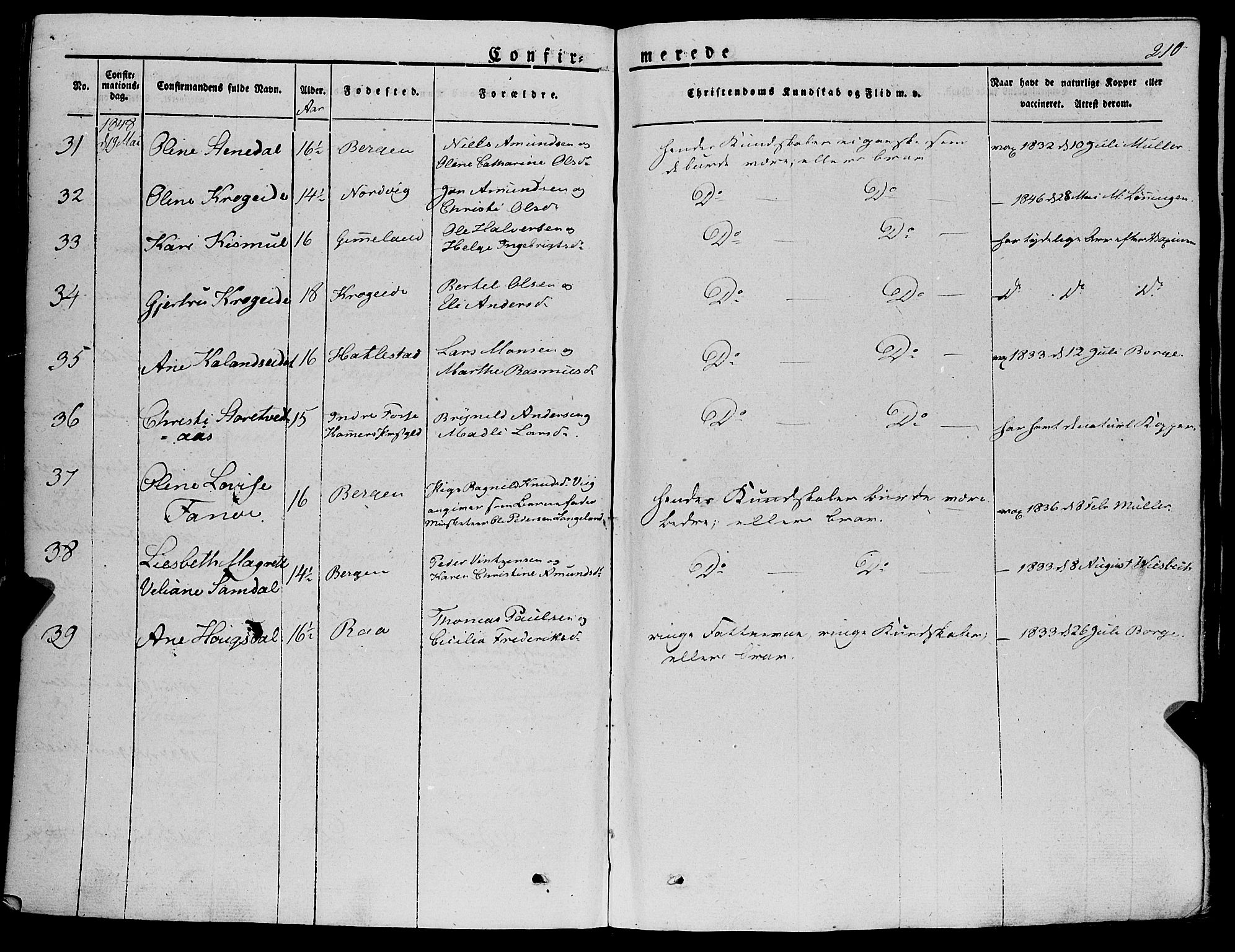 Fana Sokneprestembete, AV/SAB-A-75101/H/Haa/Haaa/L0008: Parish register (official) no. A 8, 1829-1851, p. 210