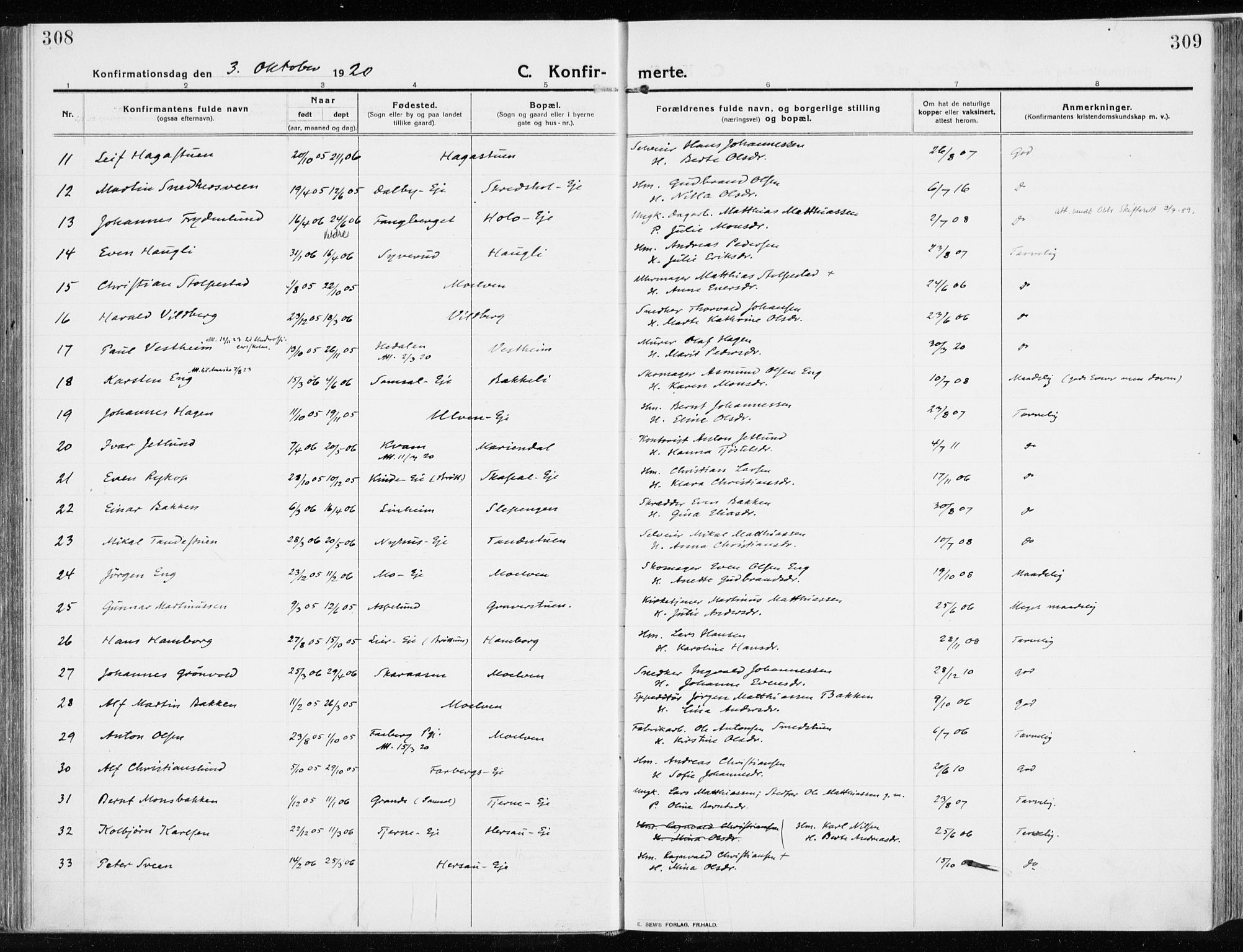 Ringsaker prestekontor, AV/SAH-PREST-014/K/Ka/L0020: Parish register (official) no. 20, 1913-1922, p. 308-309