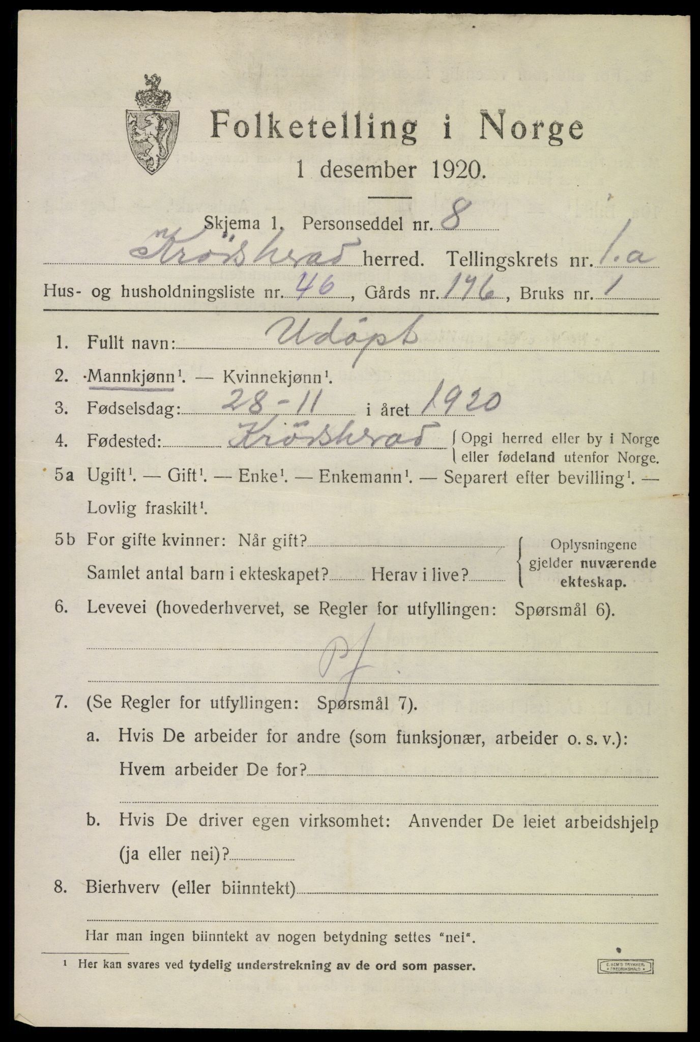 SAKO, 1920 census for Krødsherad, 1920, p. 1517