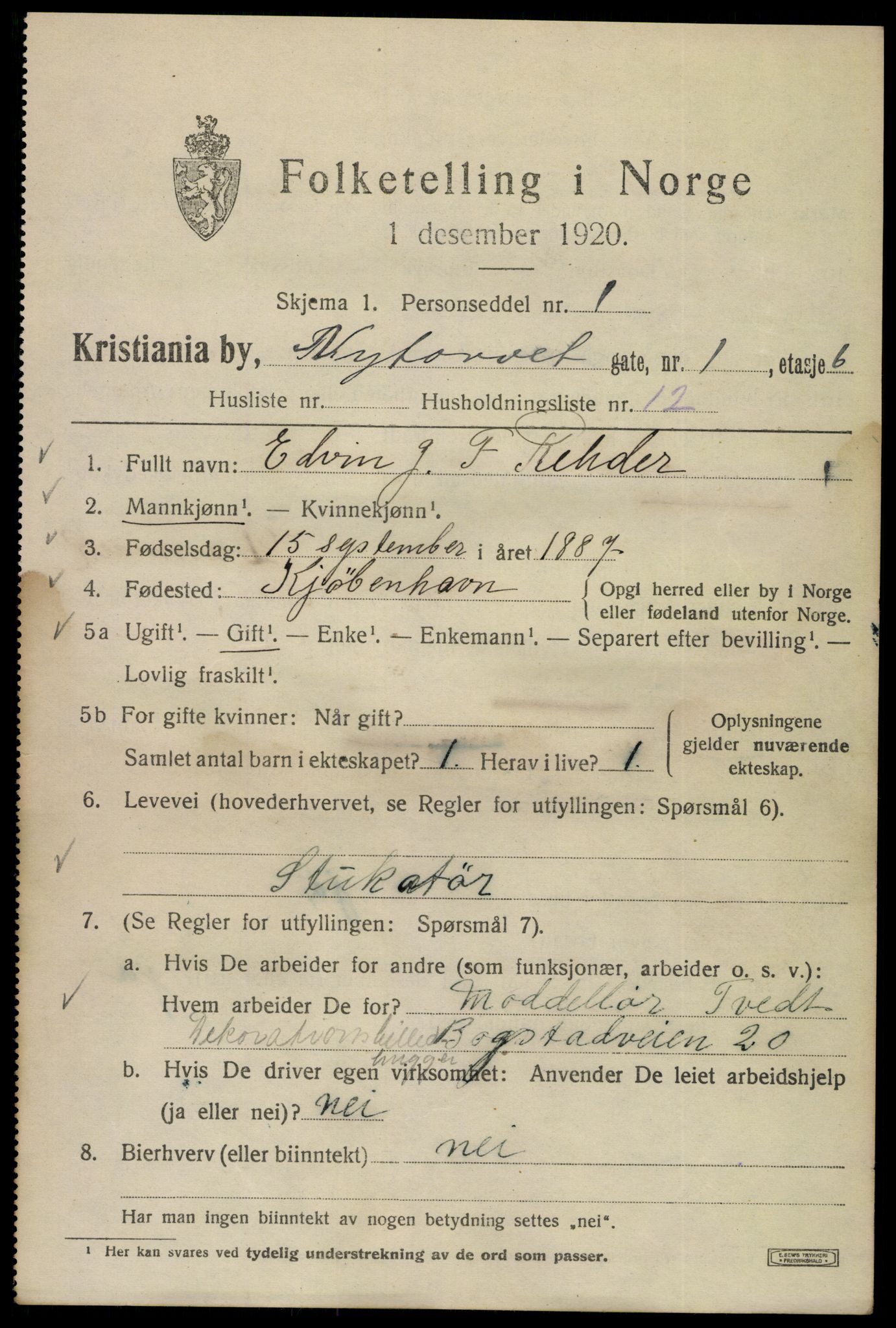 SAO, 1920 census for Kristiania, 1920, p. 428055