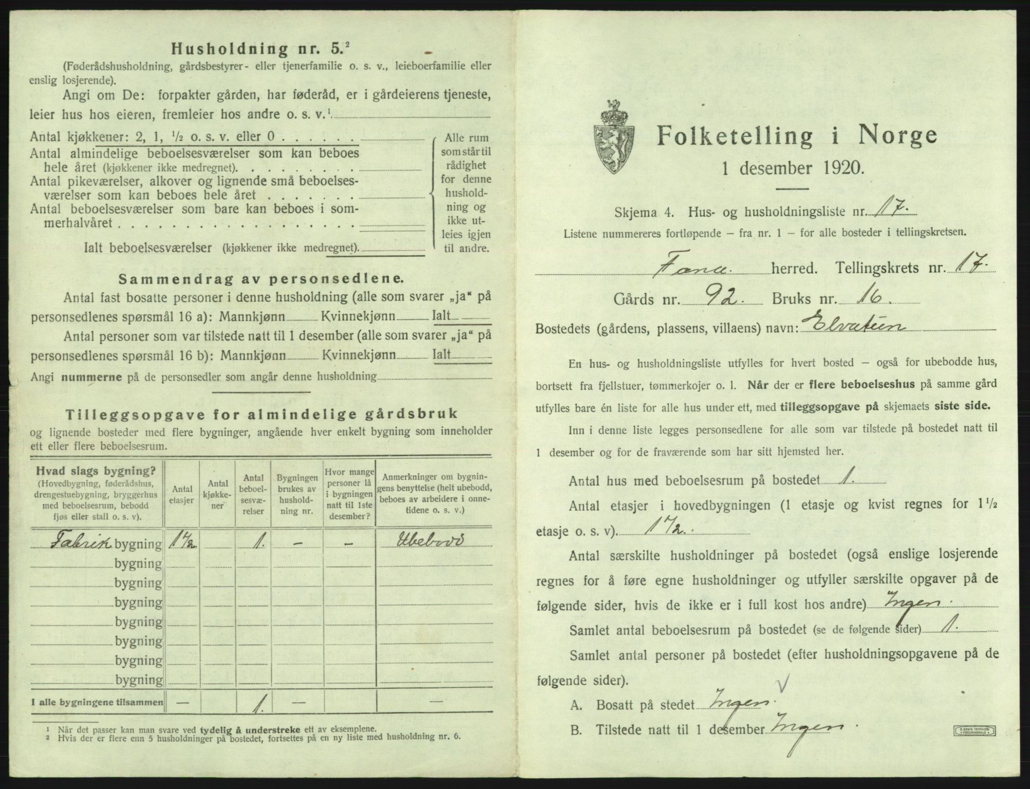 SAB, 1920 census for Fana, 1920, p. 2694