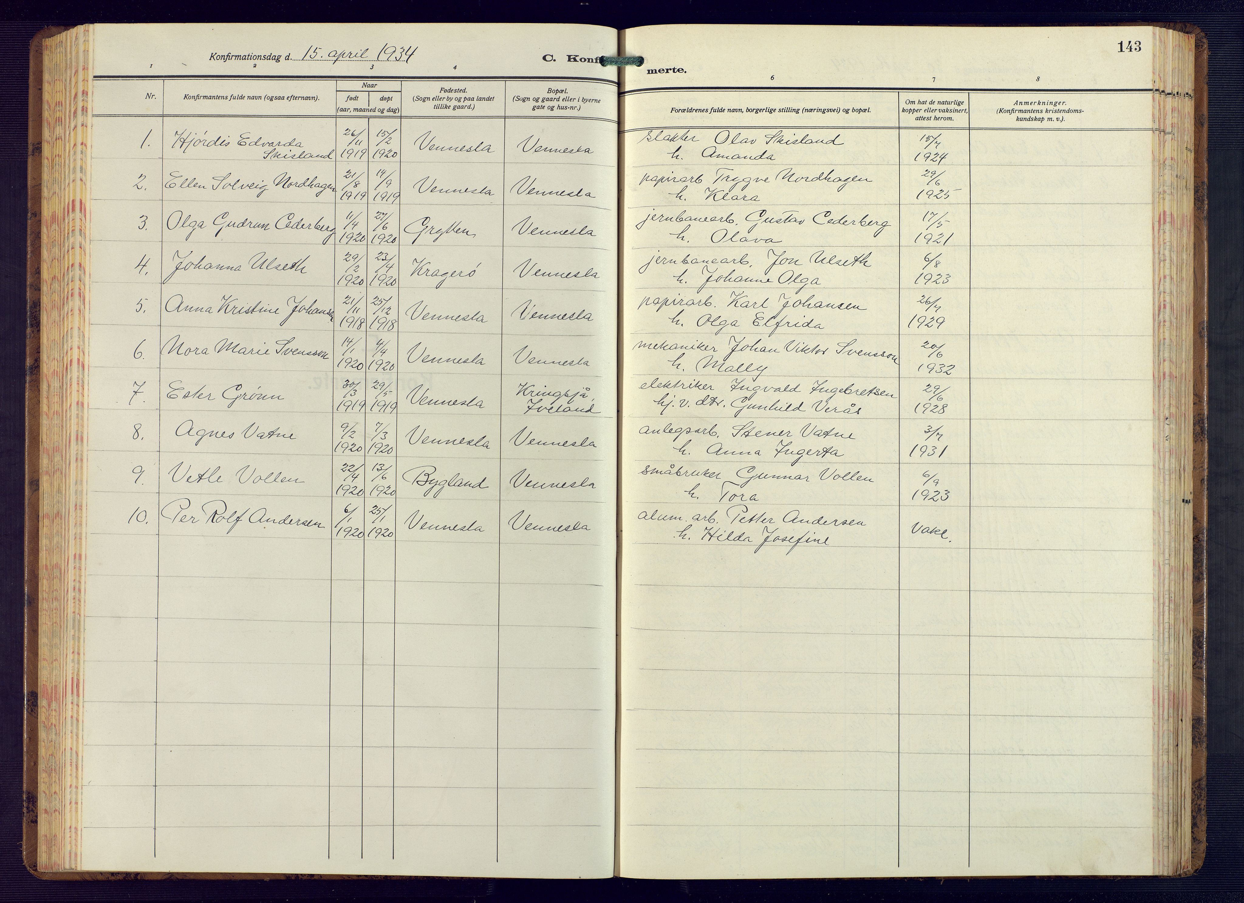 Vennesla sokneprestkontor, AV/SAK-1111-0045/Fb/Fbb/L0008: Parish register (copy) no. B 8, 1934-1947, p. 143