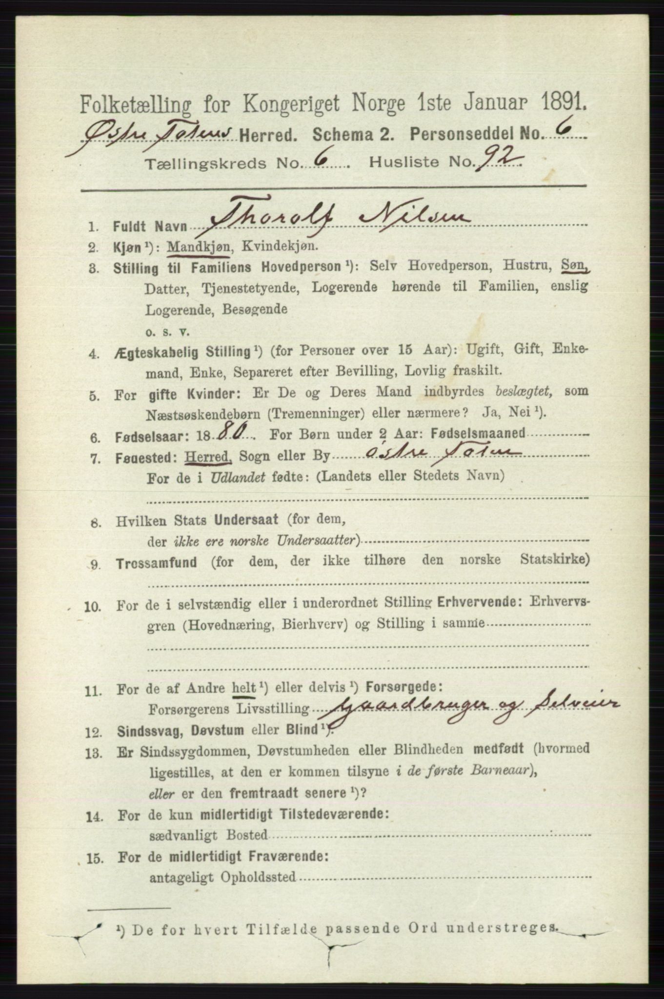 RA, 1891 census for 0528 Østre Toten, 1891, p. 4324