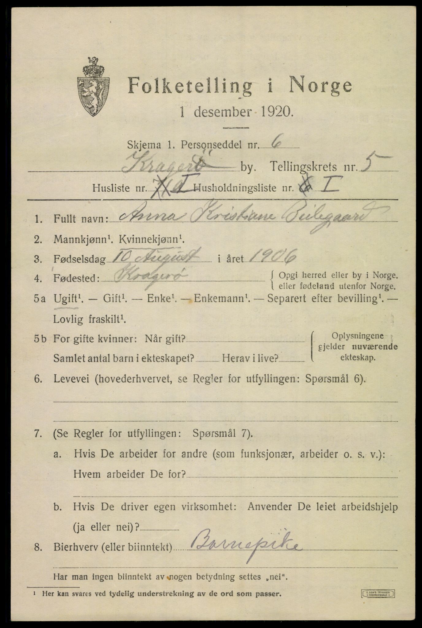 SAKO, 1920 census for Kragerø, 1920, p. 8237