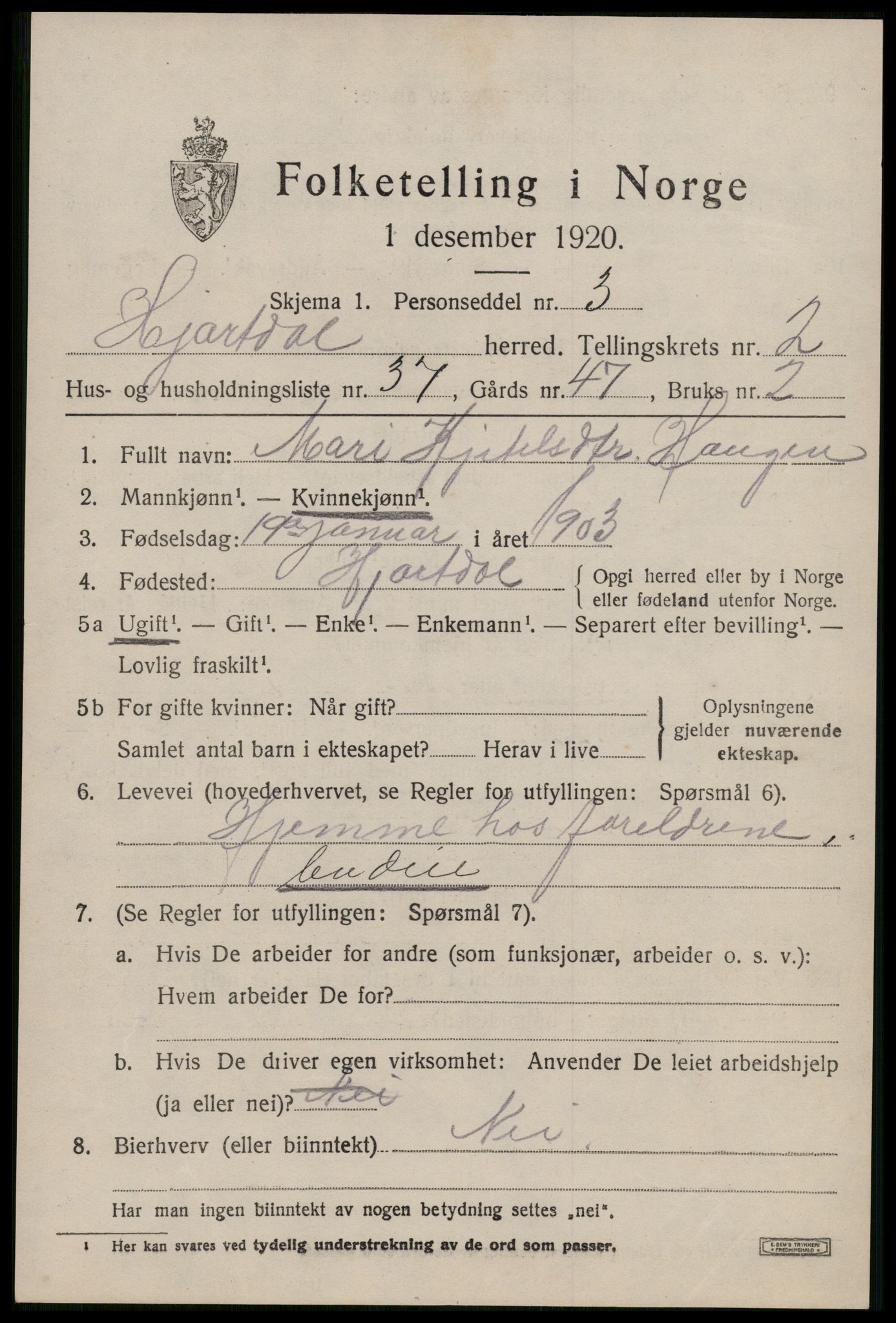 SAKO, 1920 census for Hjartdal, 1920, p. 2212