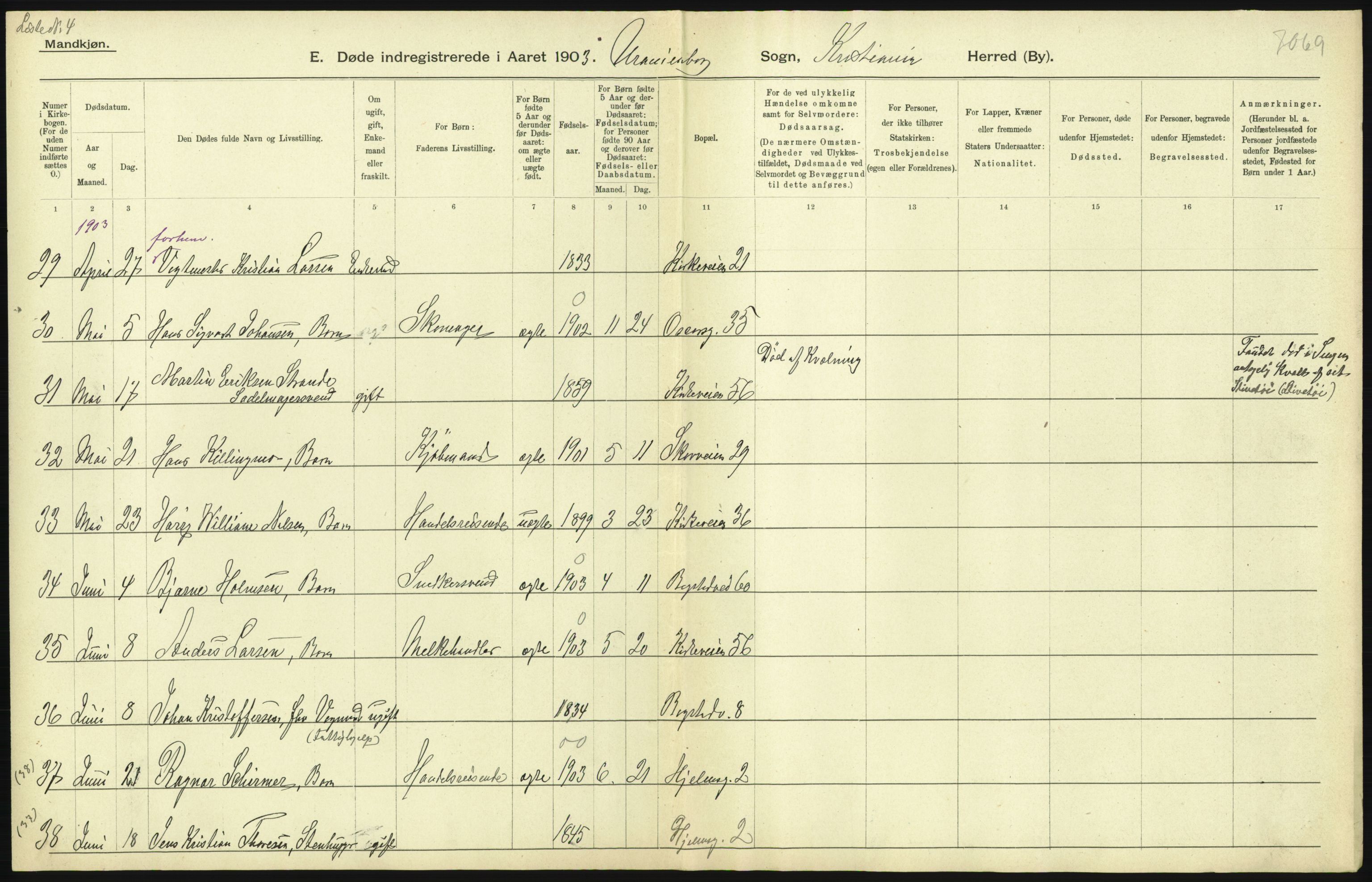 Statistisk sentralbyrå, Sosiodemografiske emner, Befolkning, AV/RA-S-2228/D/Df/Dfa/Dfaa/L0004: Kristiania: Gifte, døde, 1903, p. 187