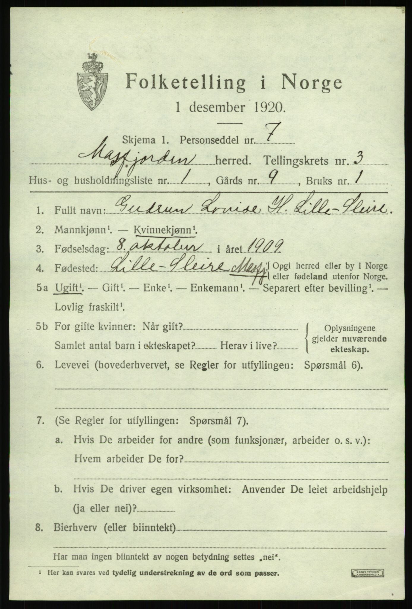 SAB, 1920 census for Masfjorden, 1920, p. 1397