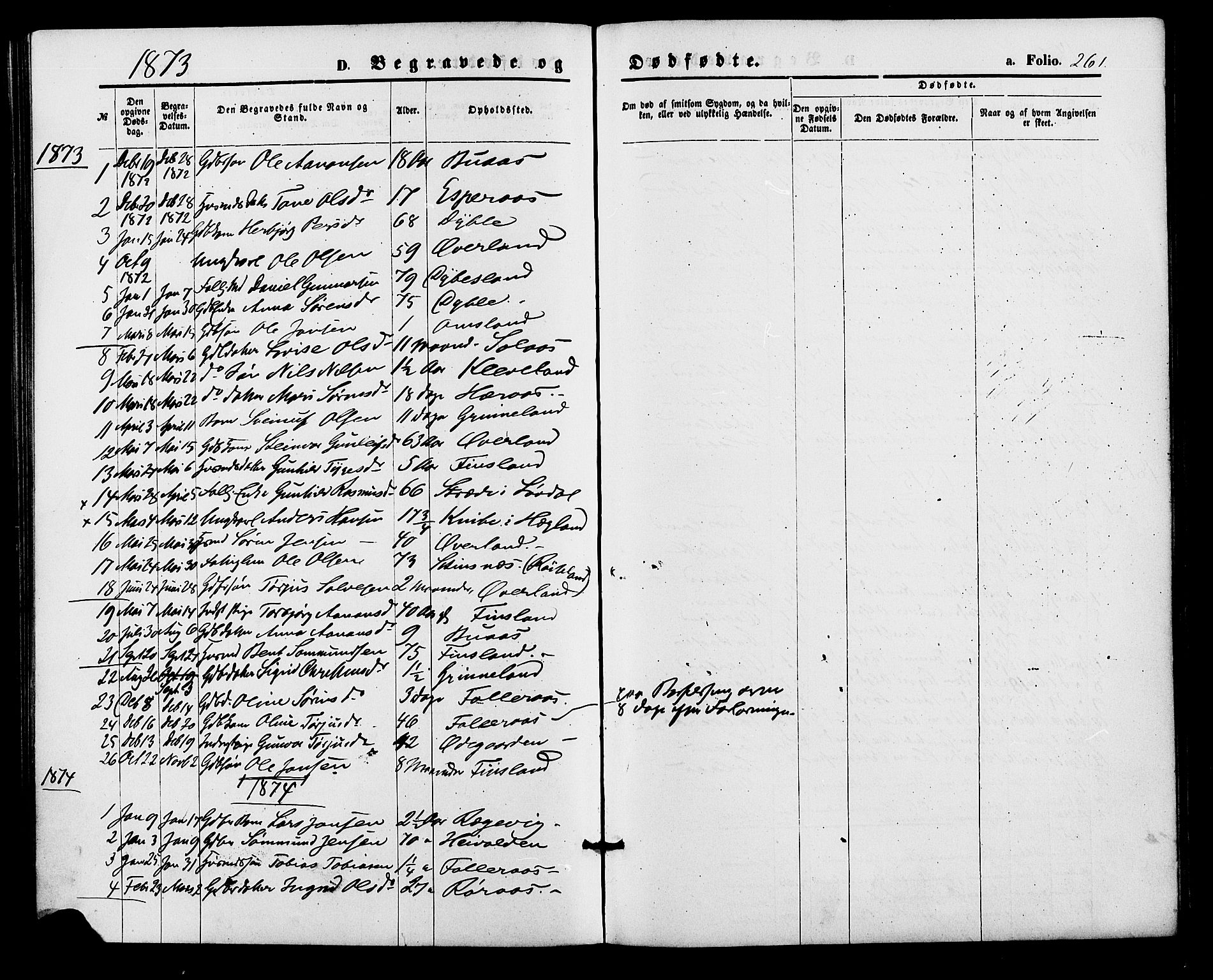 Bjelland sokneprestkontor, SAK/1111-0005/F/Fa/Fab/L0003: Parish register (official) no. A 3, 1870-1887, p. 261