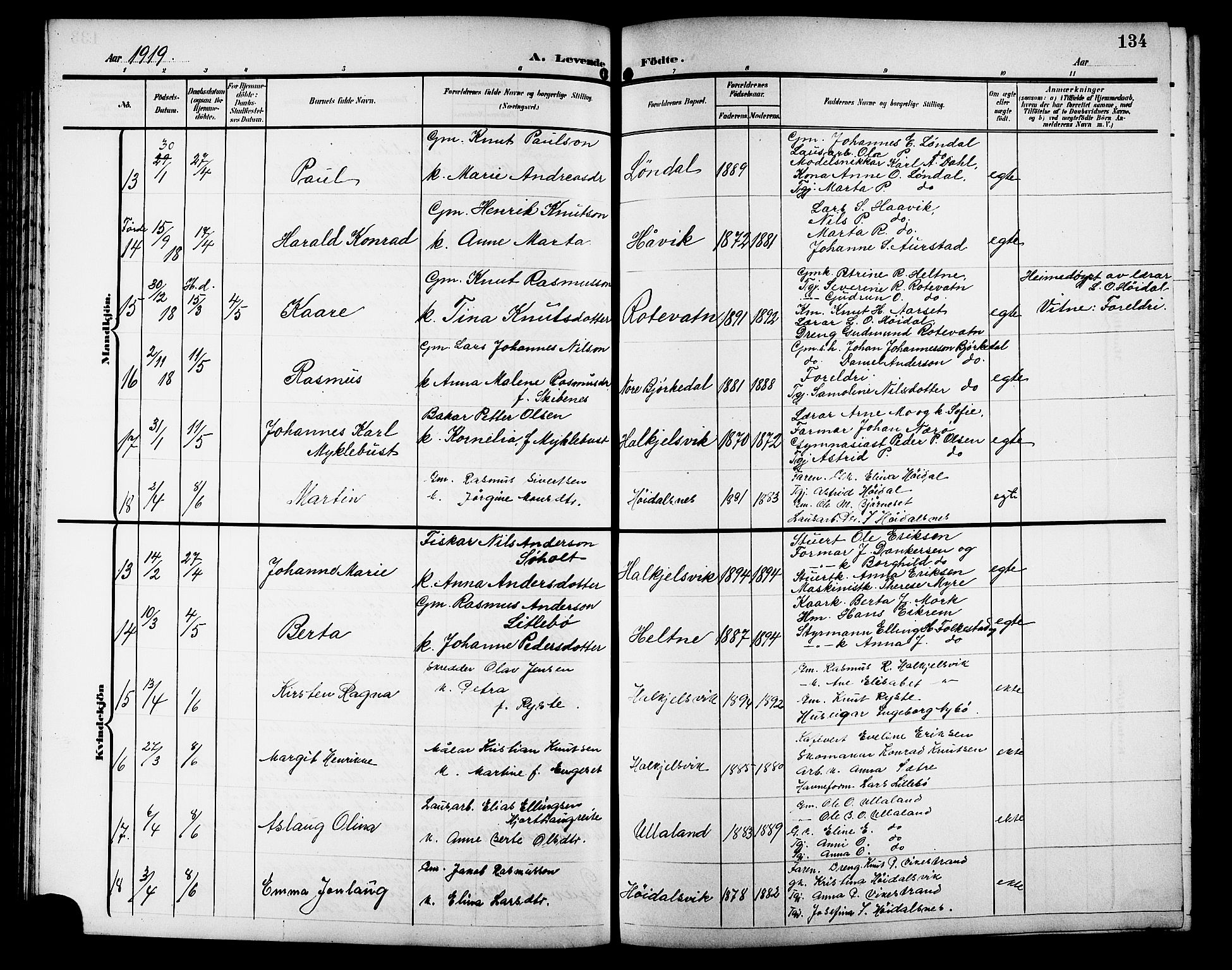 Ministerialprotokoller, klokkerbøker og fødselsregistre - Møre og Romsdal, AV/SAT-A-1454/511/L0159: Parish register (copy) no. 511C05, 1902-1920, p. 134