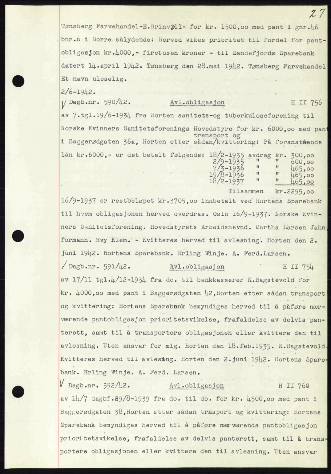 Horten sorenskriveri, SAKO/A-133/G/Ga/Gab/L0003: Mortgage book no. B-5 - B-6, 1941-1943, Diary no: : 590/1942